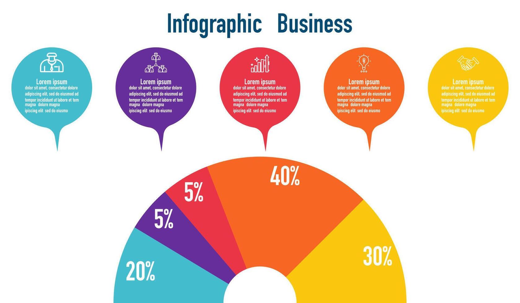 Infografik Vorlage zum Geschäft Information Präsentation. Vektor Geometrie und Symbol Elemente. modern Arbeitsablauf Diagramme. Bericht planen 5 Themen