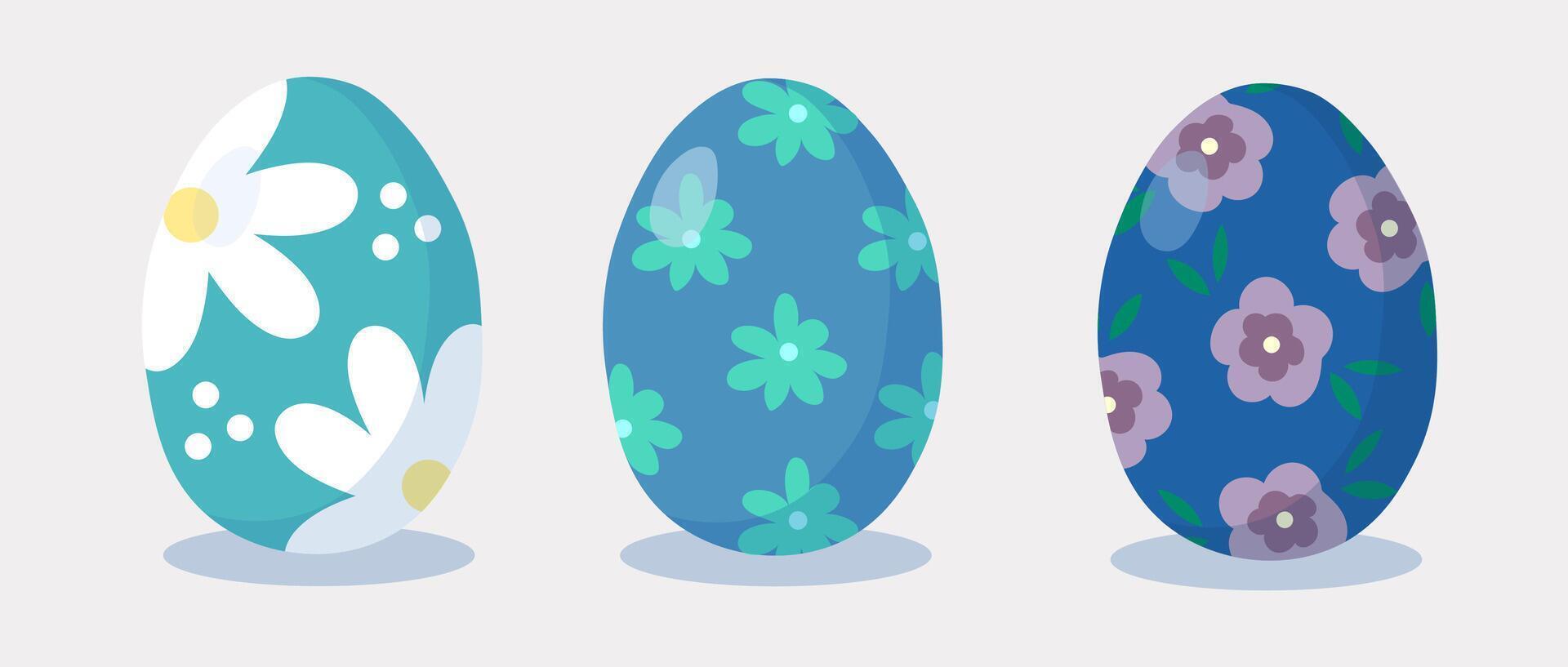 Ostern Eier Satz. glücklich Ostern. Hand gezeichnet. Blau Eier mit Blumen. Vektor Illustration.