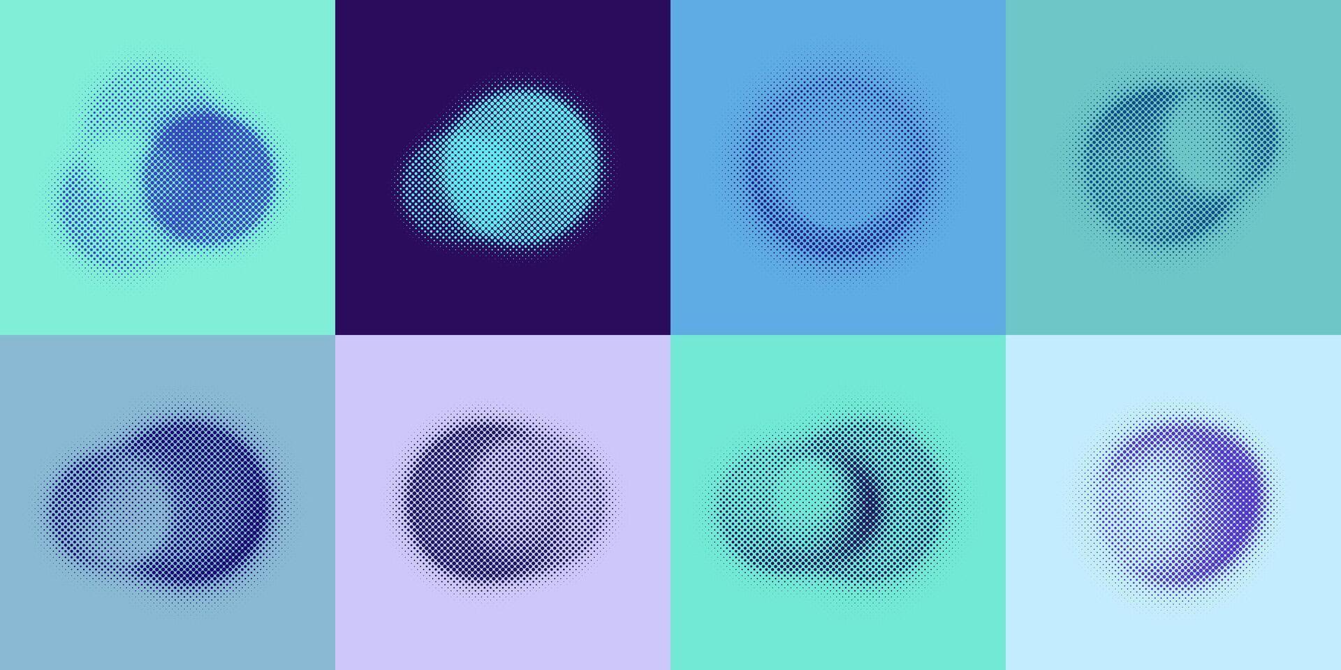 Vektor einstellen von abstrakt verschwommen Halbton Kreise. Gradient Stelle mit verwischen auf Hintergrund von anders Farben. Bildschirm drucken Raster. Pop Kunst. isoliert Vorlage mit Punkte