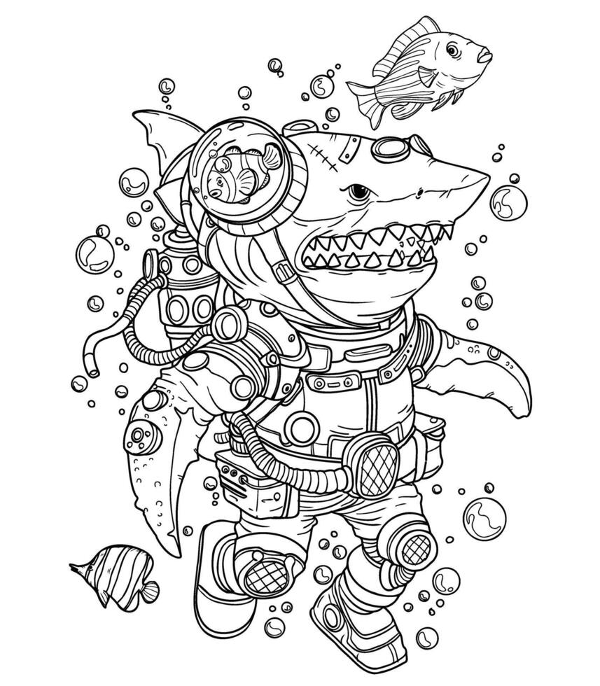 Steampunk Hai Abenteuer ,Illustration zum Färbung Buch mit unter Wasser Neoprenanzug vektor
