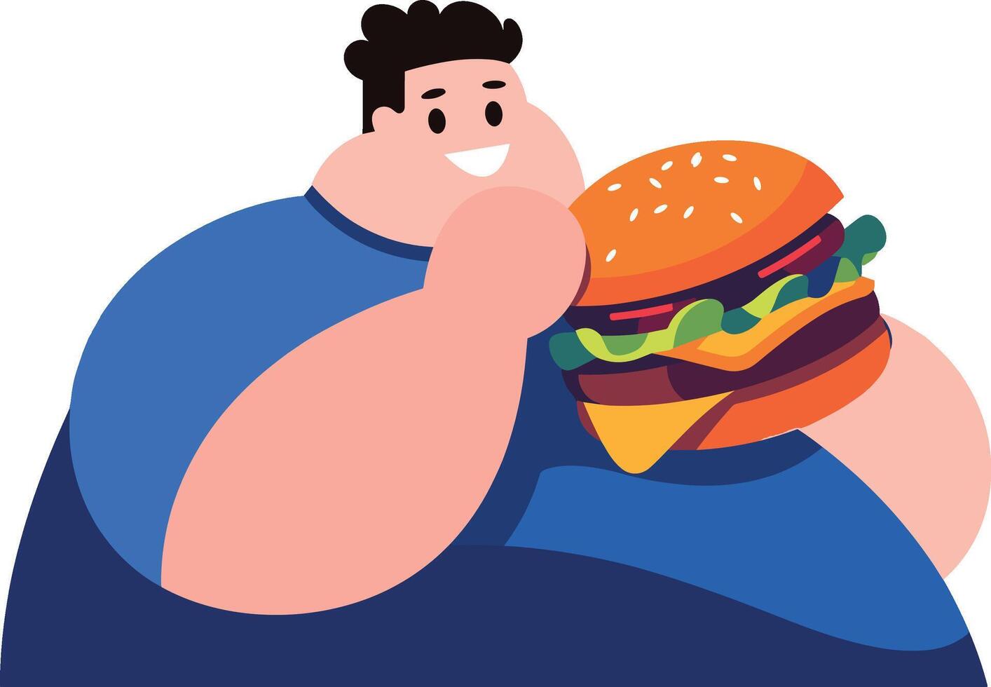 Fett Kerl Essen Burger eben Stil isoliert auf Hintergrund vektor