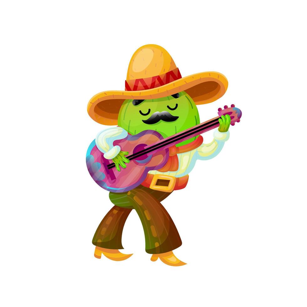 mexikansk kaktus gitarr spelare på de cinco de mayo festival. mexikansk och latin musik firande. vektor illustration. tecknad serie karaktär klädd i traditionell klädsel. perfekt för posters och banderoller