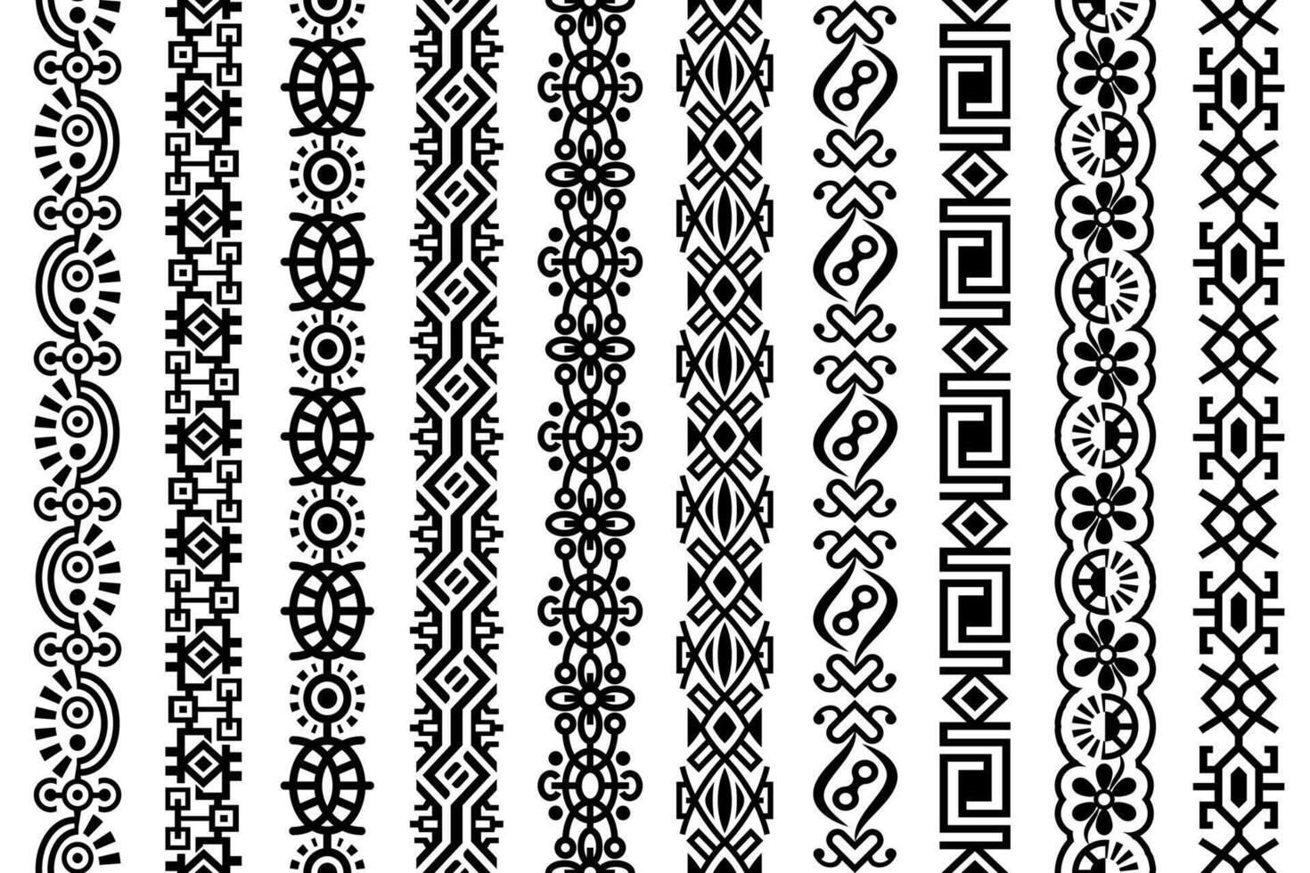 abstrakt nahtlos Universal- Vektor Vertikale Muster. abstrakt aufwendig geometrisch Grenzen, Rahmen, Spitze Muster mit angekettet geometrisch Design Elemente mit schwarz Farbe, isoliert auf Weiß Hintergrund.
