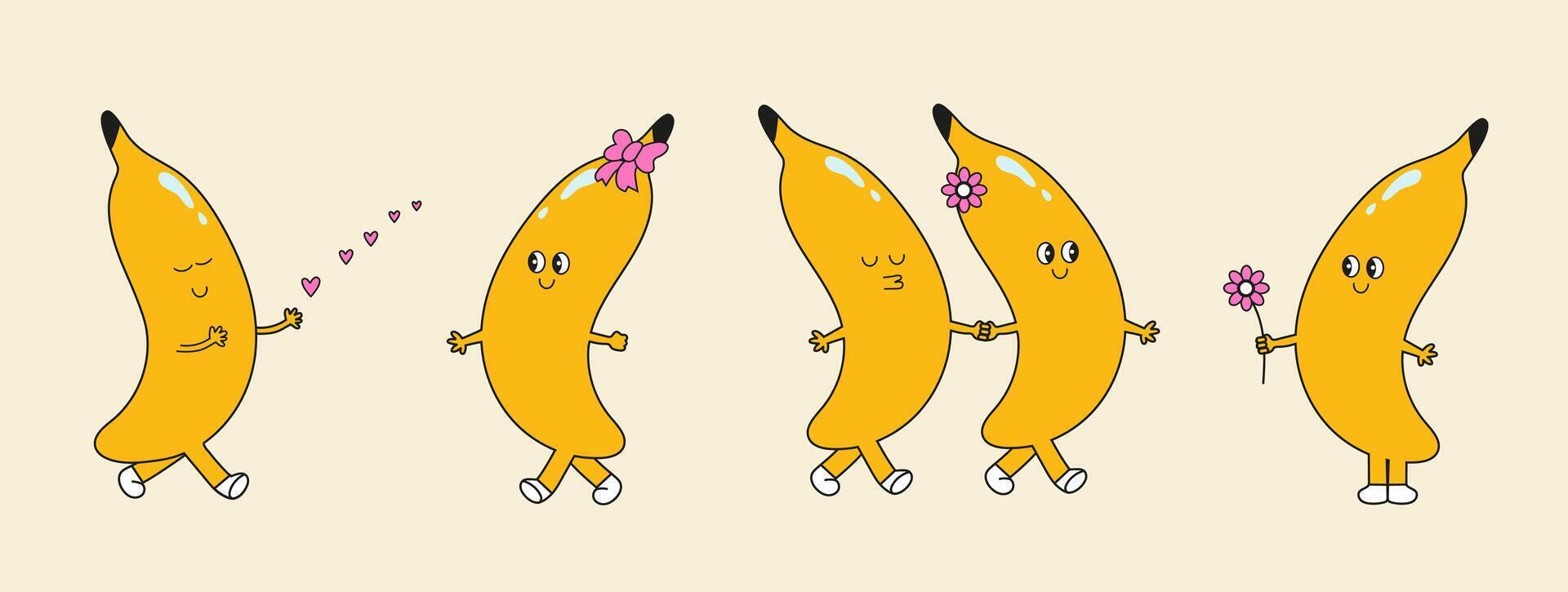 häftig banan uppsättning. kärlek relation. hand dra rolig retro årgång trendig stil banan tecknad serie karaktär. klotter komisk samling. vektor