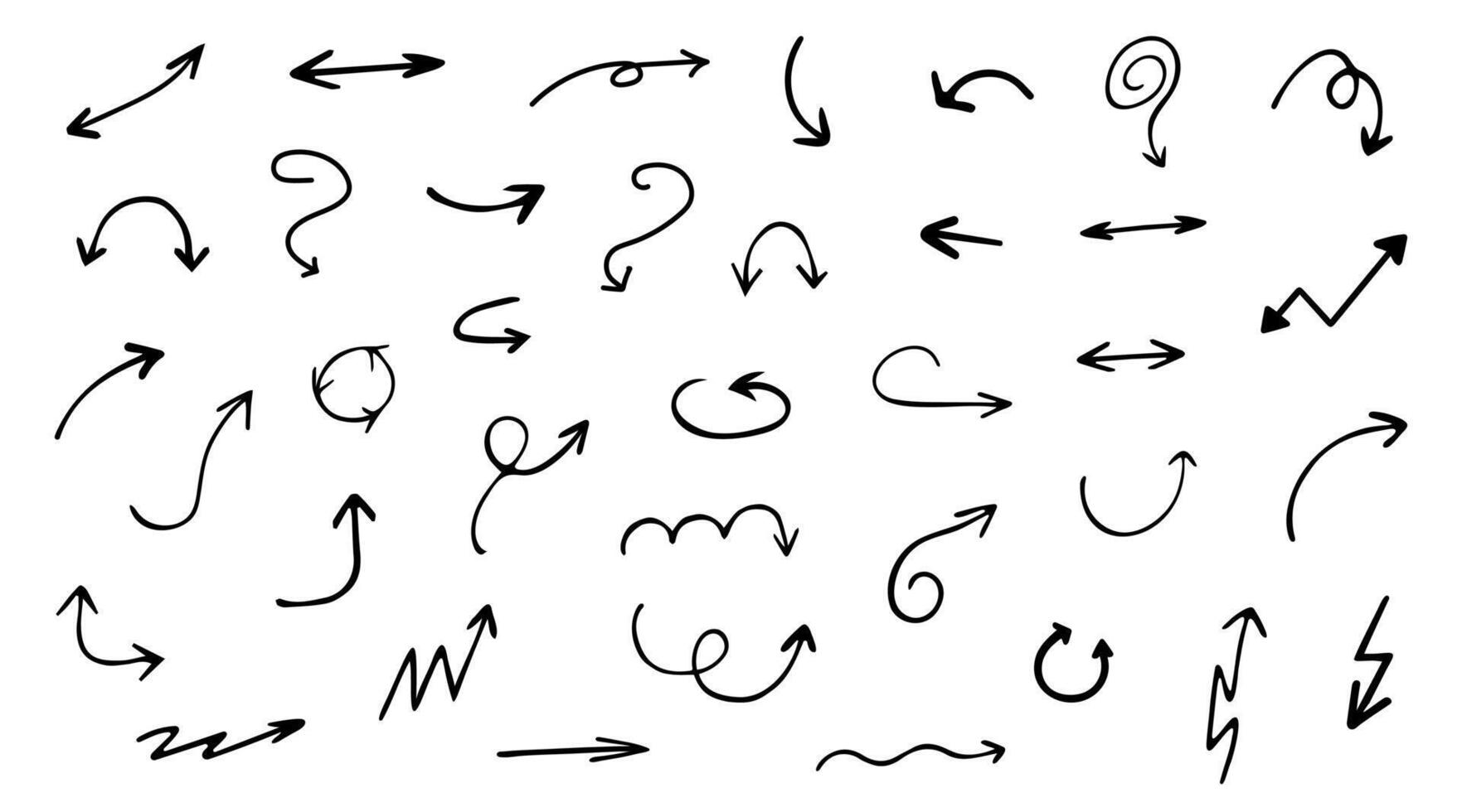 Hand gezeichnet verschiedene gebogen Linien und Pfeil Locken. Zeichnung mit ein Marker, anders Pfeile im Stift. einstellen von Vektor Symbole. Gliederung Richtung Zeichen.