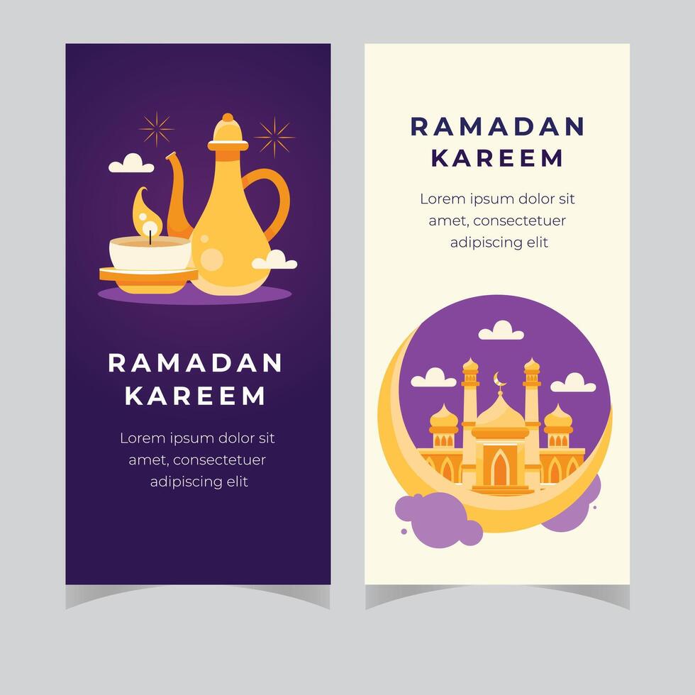 ramadan kareem begrepp vertikal banderoller med platt klistermärke ikoner. vektor illustration. eid mubarak. Koranen, traditionell lyktor, datum, iftar mat