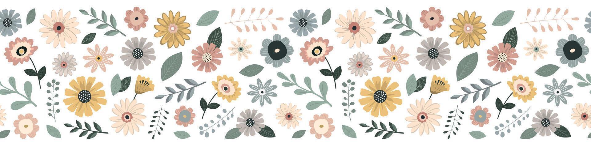 Frühling Blumen und Blätter nahtlos Rand Muster im Pastell- skandinavisch Palette. isoliert auf Weiß Hintergrund. minimalistisch abstrakt Blumen- Muster. Design zum Textil, Hintergrund vektor