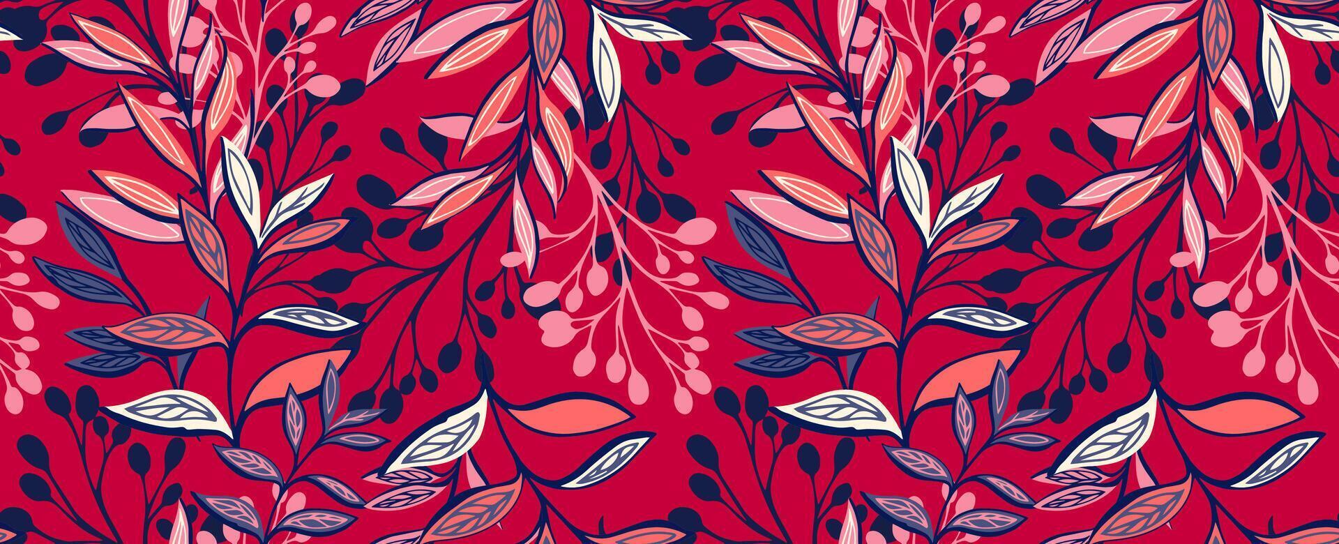 nahtlos Muster mit abstrakt, modern Geäst Blätter Stiele. kreativ tropisch Blumen- Hintergrund auf ein rot Hintergrund. Vektor Hand gezeichnet Illustration. Vorlage zum Design, Textil, Drucken, Mode