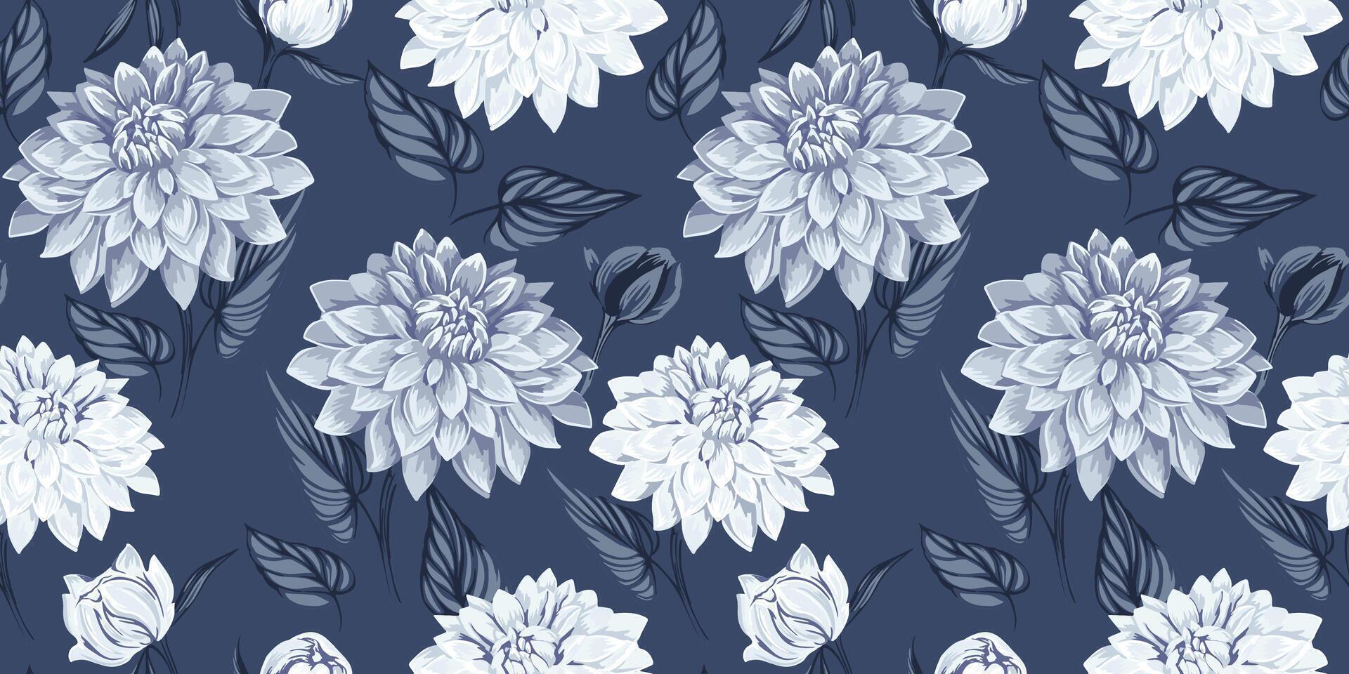 künstlerisch Dahlie Blumen mit Blätter nahtlos Muster. Vektor Hand gezeichnet. schön grau Blumen- drucken. Vorlage zum Design, Textil, Mode, Oberfläche Design, Stoff, Innere Dekor, Hintergrund