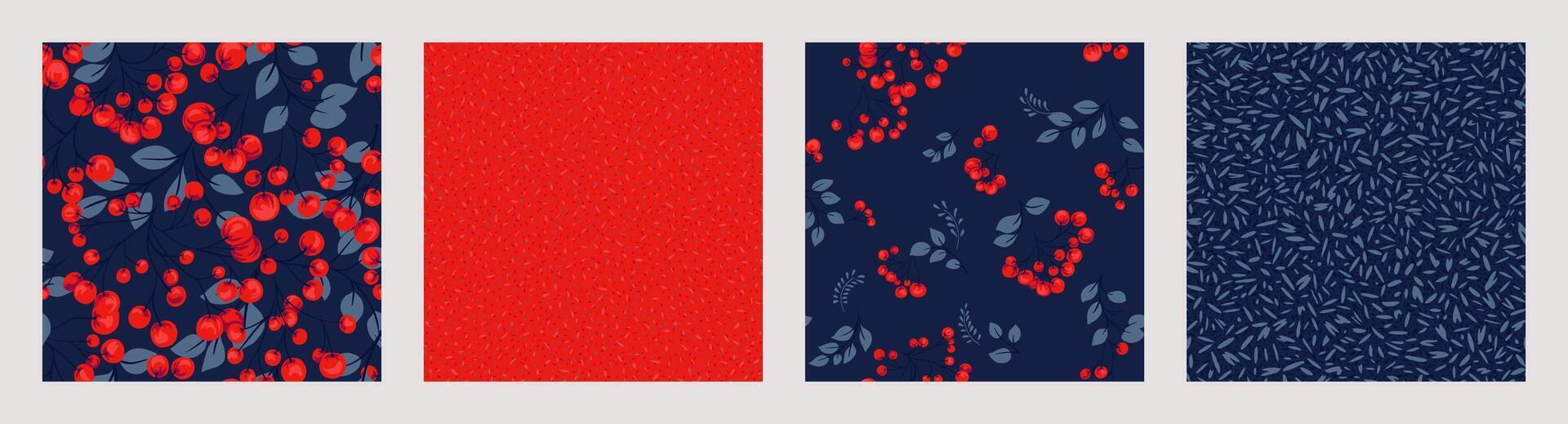 ljus röd collage av uppsättning sömlös mönster med stiliserade grenar bär, kreativ former enbär, buxbom, Viburnum, berberis, abstrakt skriva ut, slumpmässig fläckar, polka prickar. vektor hand dragen skiss.