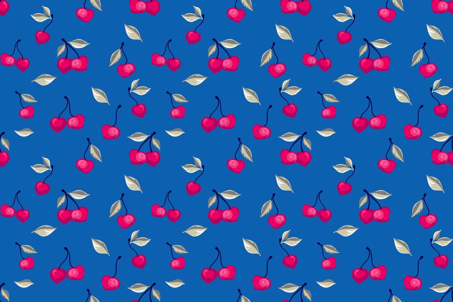 abstrakt stilisiert Kirsche nahtlos Muster auf ein Blau Hintergrund. Sommer- rot Beeren, Blätter, Hintergrund Drucken. Vektor Hand gezeichnet Früchte Illustration. Collage zum Design, Drucken, gemustert