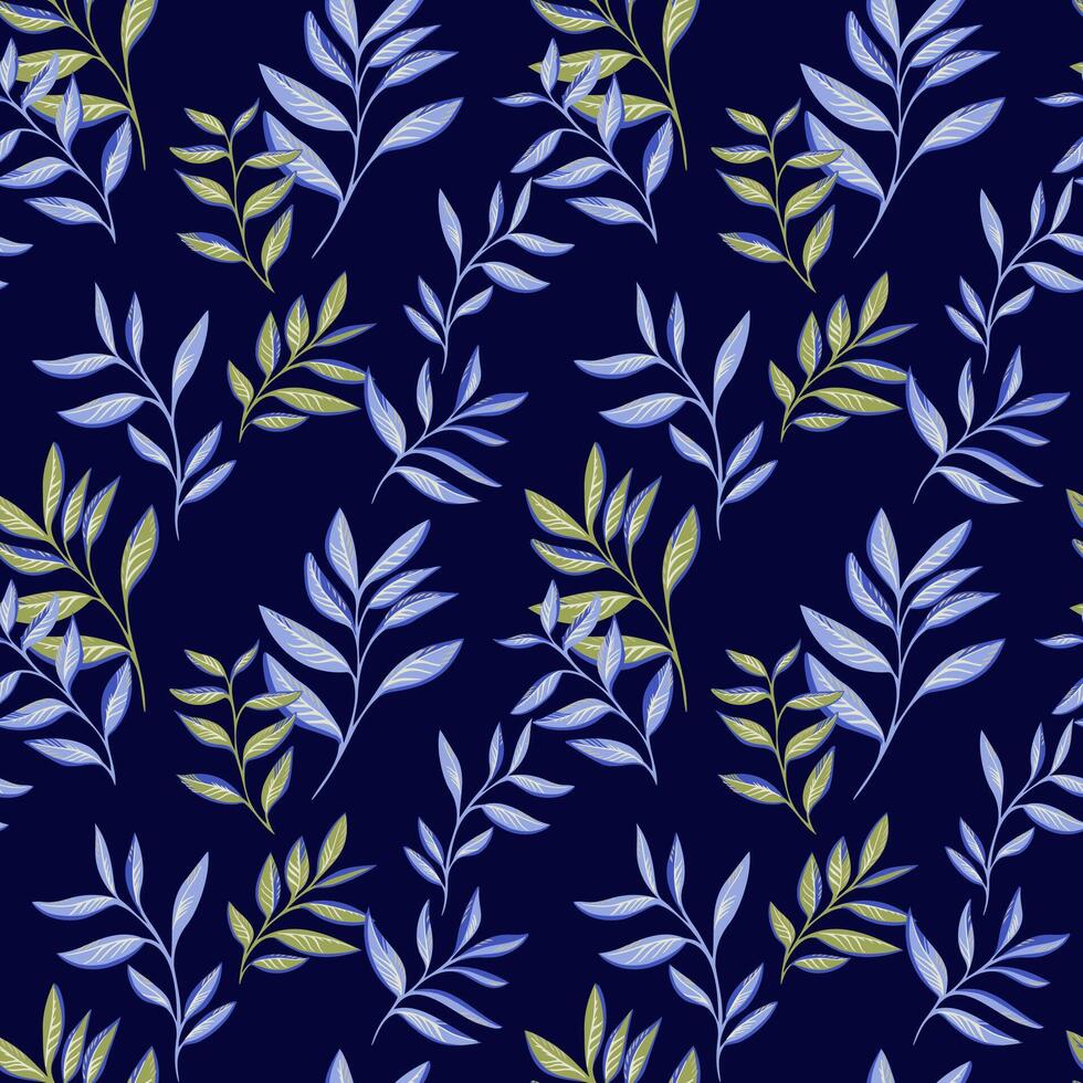 hell Blau Eleganz tropisch Blumen- nahtlos Muster auf ein dunkel Blau Hintergrund. stilisiert künstlerisch Blätter Geäst Drucken. Vektor gezeichnet Illustration. Design zum Mode, Stoff, Textilien