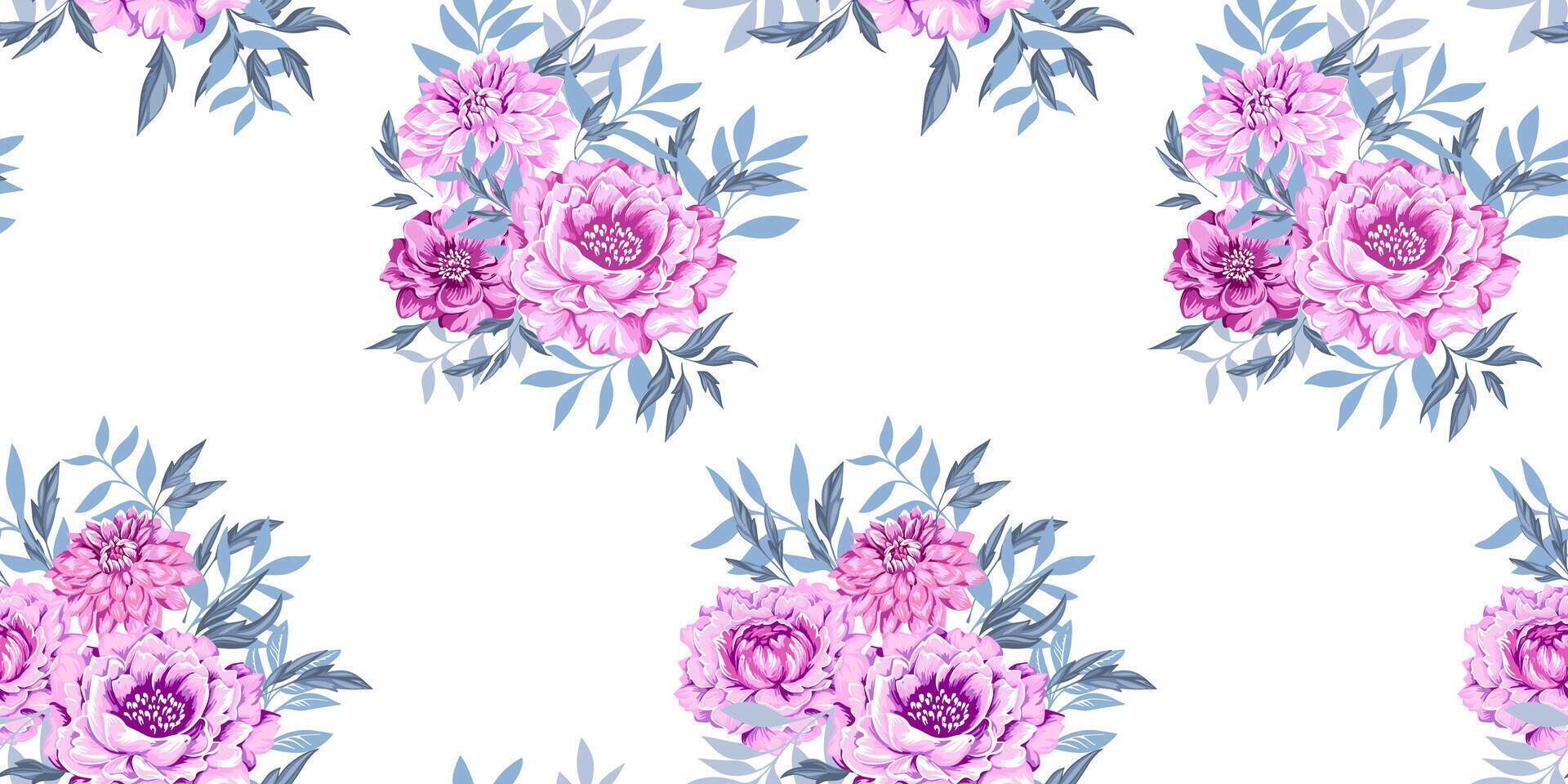 konstnärlig abstrakt buketter blommor pioner, georginer med grenar löv och silhuetter leafs på vit bakgrund. försiktigt skön stiliserade rosa blommig sömlös mönster. vektor dragen illustration