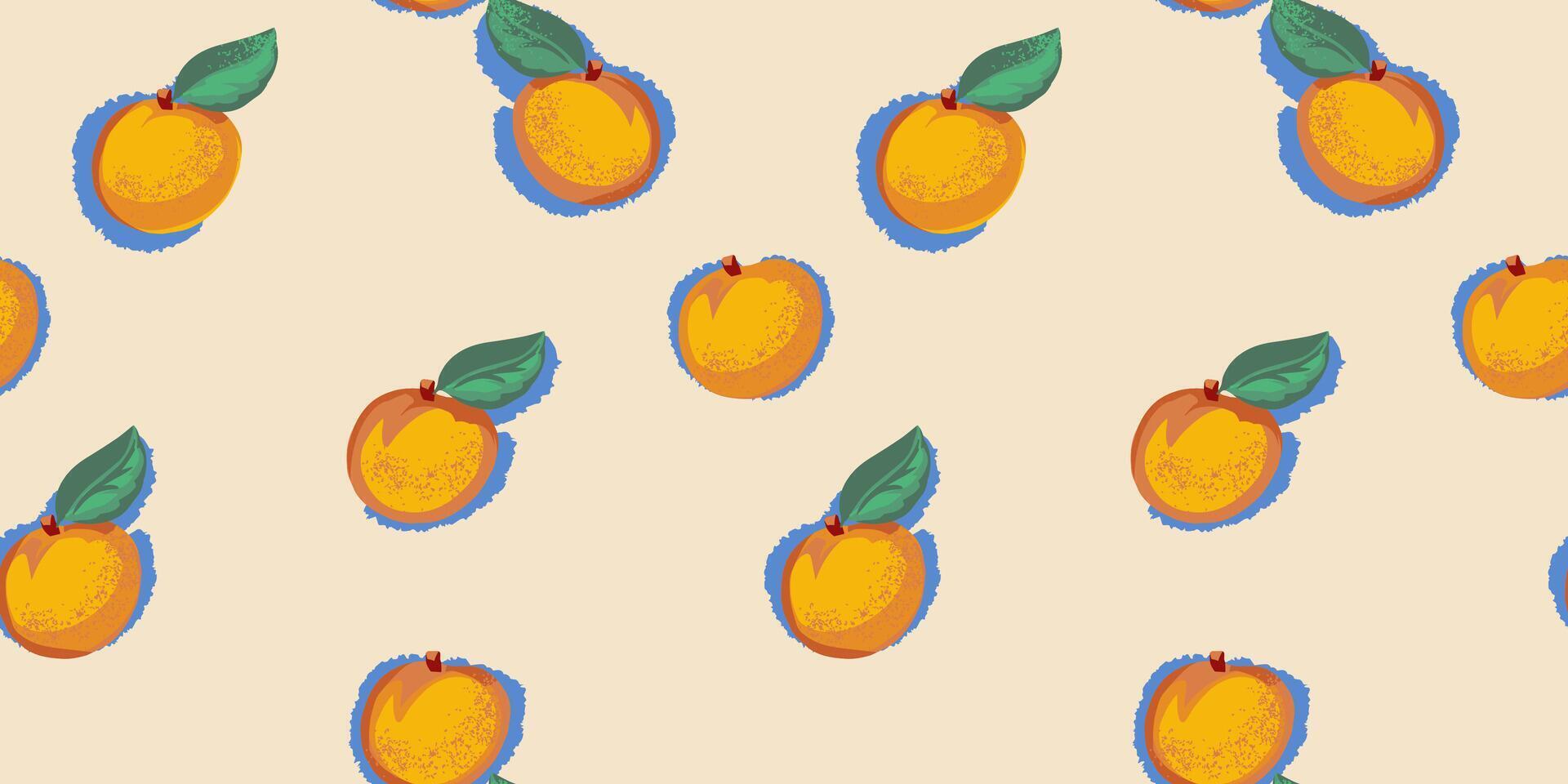abstrakt stiliserade aprikoser eller persikor med löv spridd slumpvis i en sömlös mönster. vektor hand dragen skiss illustration. sommar retro kreativ frukt mönstrad på en beige ljus bakgrund.