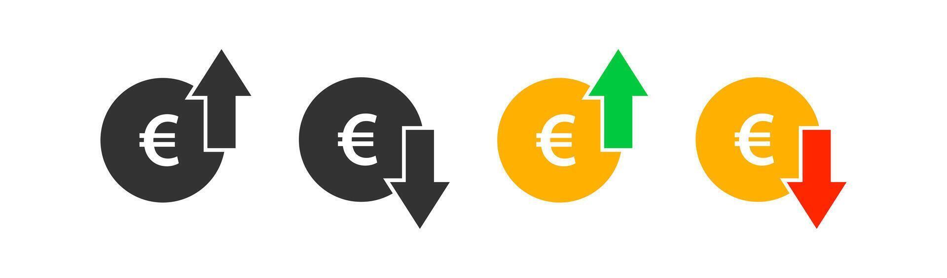 Euro Münze Graph oben und runter. Geld Kosten Pfeil Wachstum, Abfall. Währung Investition. Markt Preis. Finanzen Austausch. Vektor Illustration.
