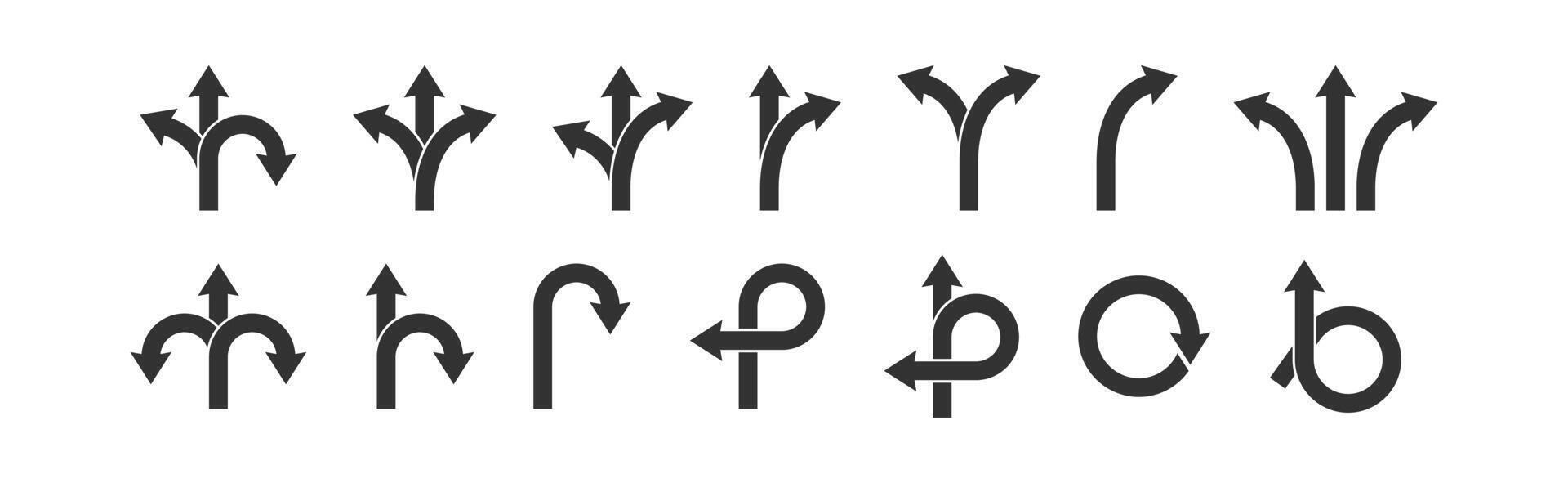 Straße Pfeil Richtung unterzeichnen. Straße der Verkehr Symbol. Wahl Wende richtig oder links. Pfad Weg. Kreuzung unterzeichnen. Vektor Illustration.