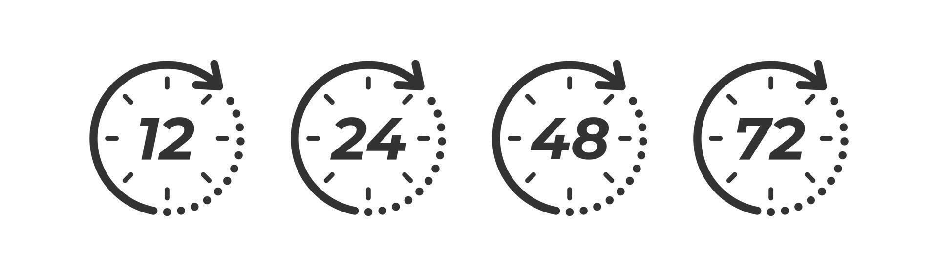 timmar klocka pil 12, 24, 48, 72 ikon. leverans service. särskild erbjudande öppna. arbete tid. vektor illustration.