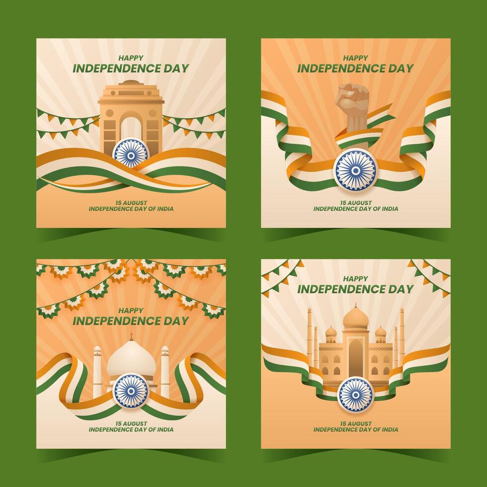 Indien Unabhängigkeit Tag Sozial Medien Beiträge mit dreifarbig wellig Flagge vektor
