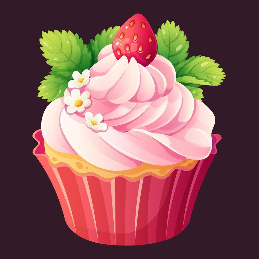 cupcake, muffin med rosa grädde och jordgubbar, dekorerad med löv och blommor. vektor illustration av sötsaker för restauranger, kaféer, bagerier