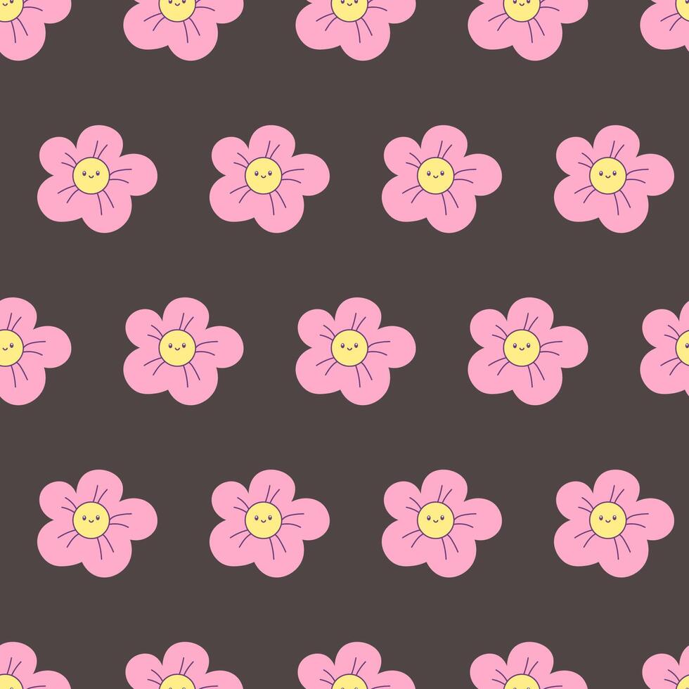 söt sömlös mönster med rosa söt blommor på svart bakgrund. vektor illustration i koreanska, japansk stil för grafik och utskrift