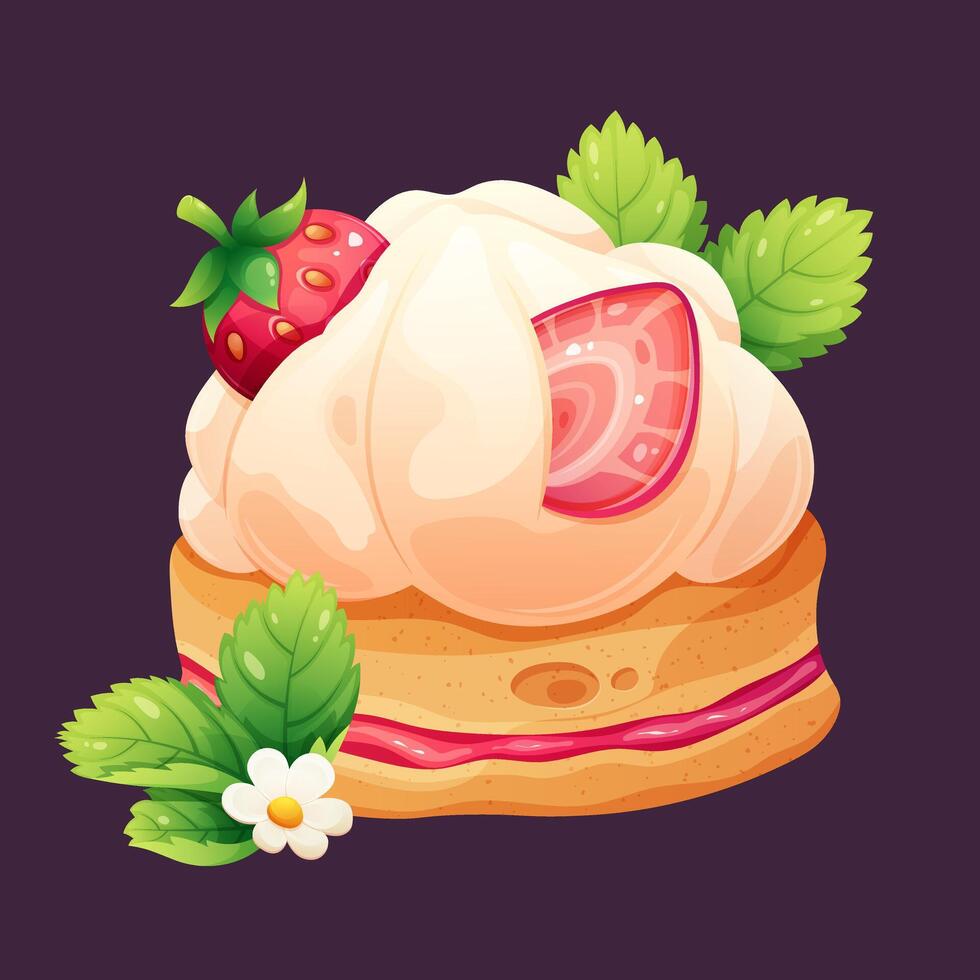 Erdbeere Dessert mit ausgepeitscht Creme. Sommer- Gebäck, Süss Kuchen mit Erdbeeren. Karikatur Vektor Illustration mit Gradient
