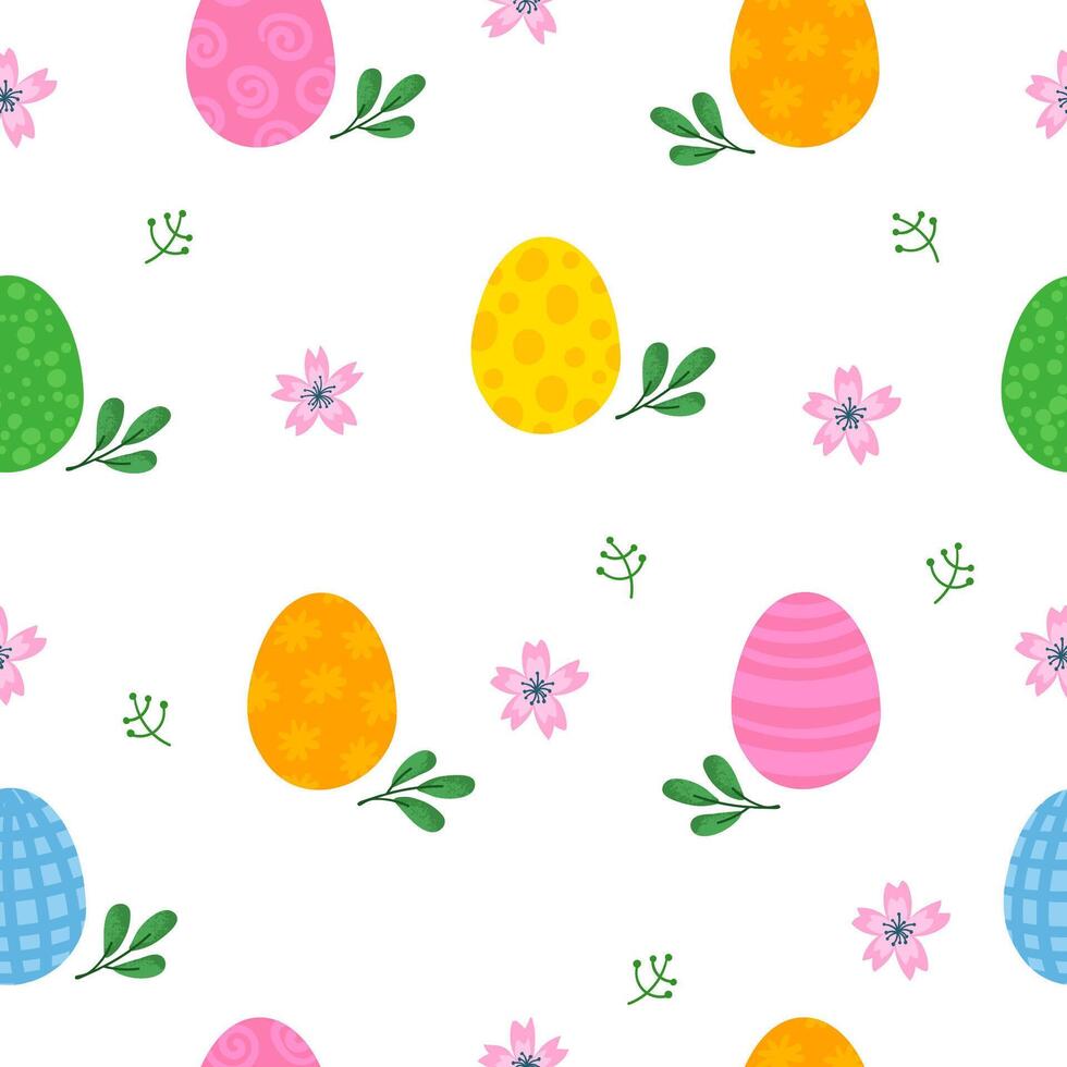 Vektor bunt nahtlos Hintergrund mit Abbildungen von Ostern Eier, Blumen und Pflanzen auf Weiß Hintergrund