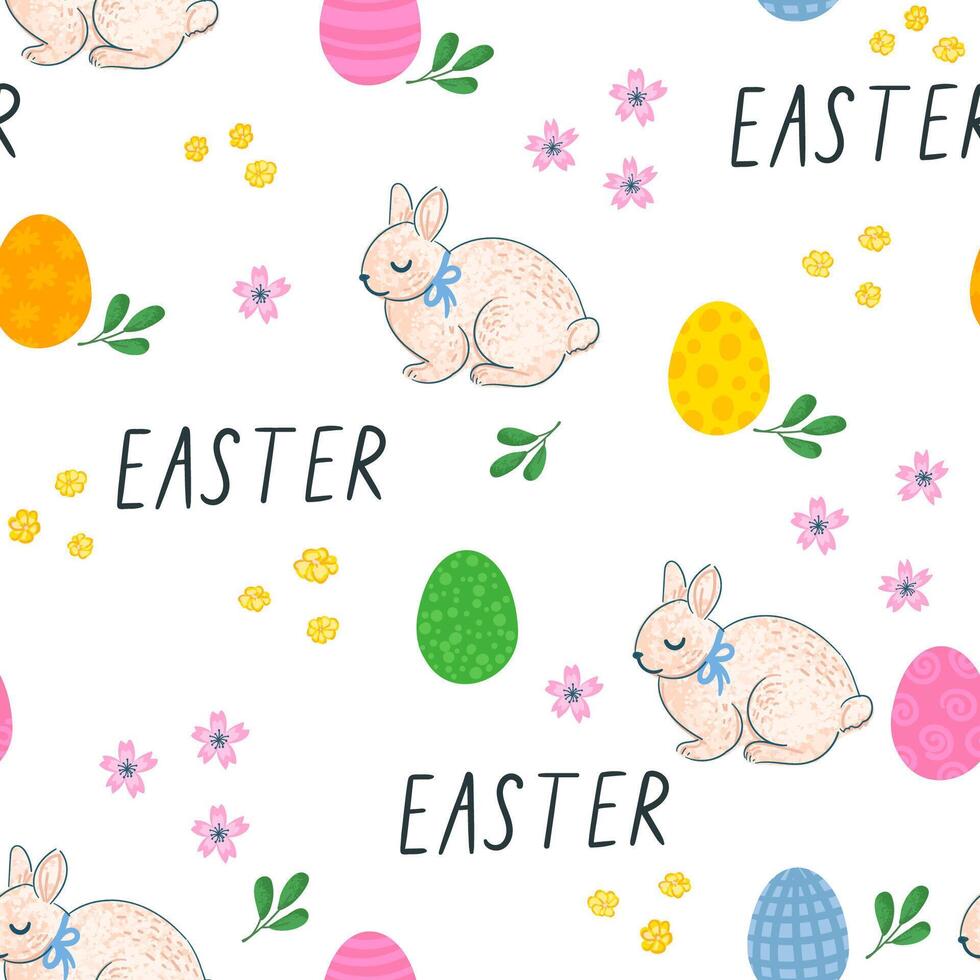 vektor färgrik sömlös bakgrund med illustrationer av påsk ägg, kanin, blommor och växter