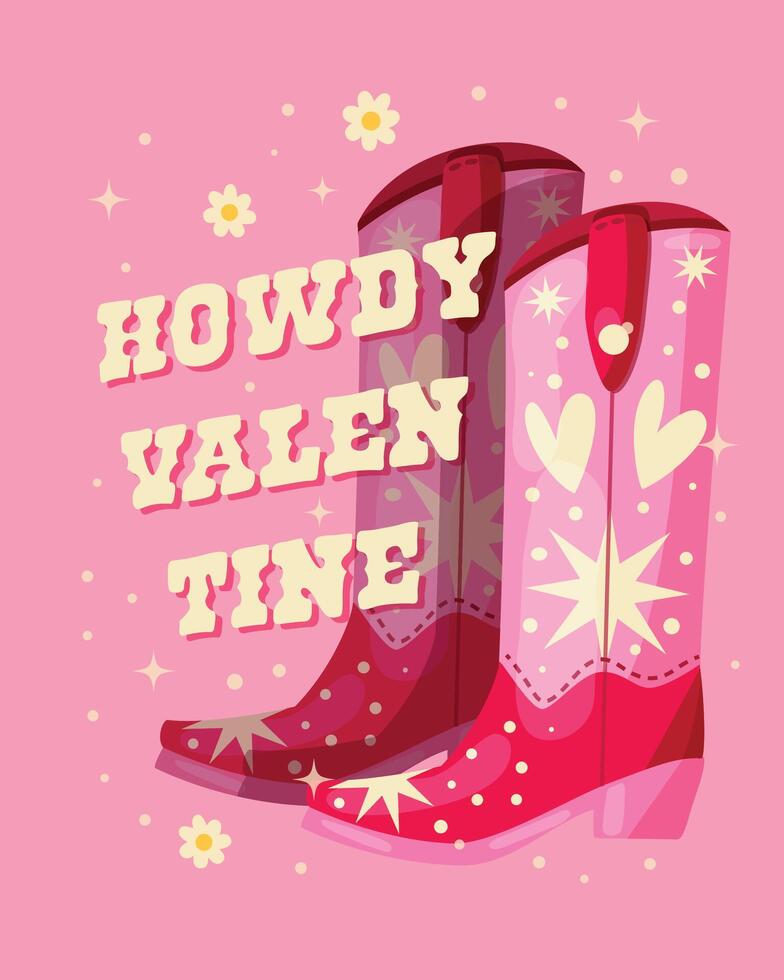 ein Paar von Rosa Cowboy Stiefel dekoriert mit Herzen und Sterne und ein Hand Beschriftung Botschaft Hallo Valentinstag. romantisch bunt Hand gezeichnet Vektor Illustration im hell beschwingt Farben.