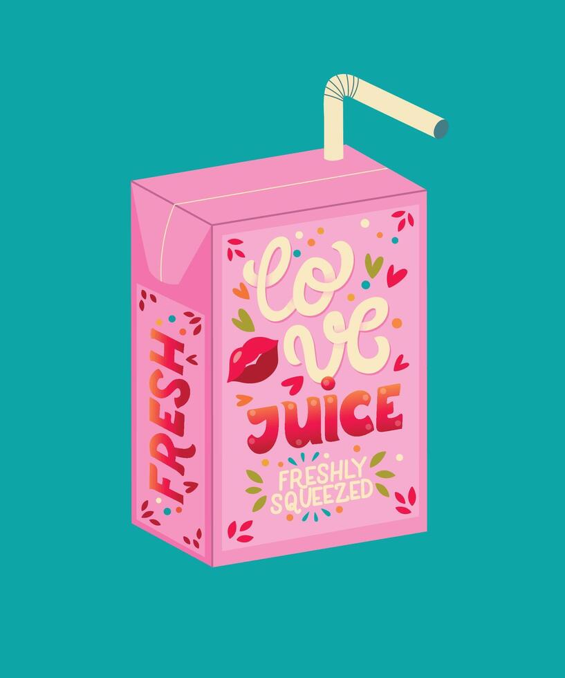 Rosa Valentinstag Saft Box mit Hand Beschriftung Liebe Saft. süß festlich romantisch Urlaub Illustration. hell bunt Rosa und Blau Vektor Design.