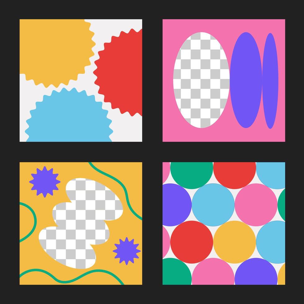 uppsättning av abstrakt klotter social media baner mall. färgrik fyrkant bakgrunder med ramar, klottra, hand dragen former. vektor bakgrunder samling i ljus färger