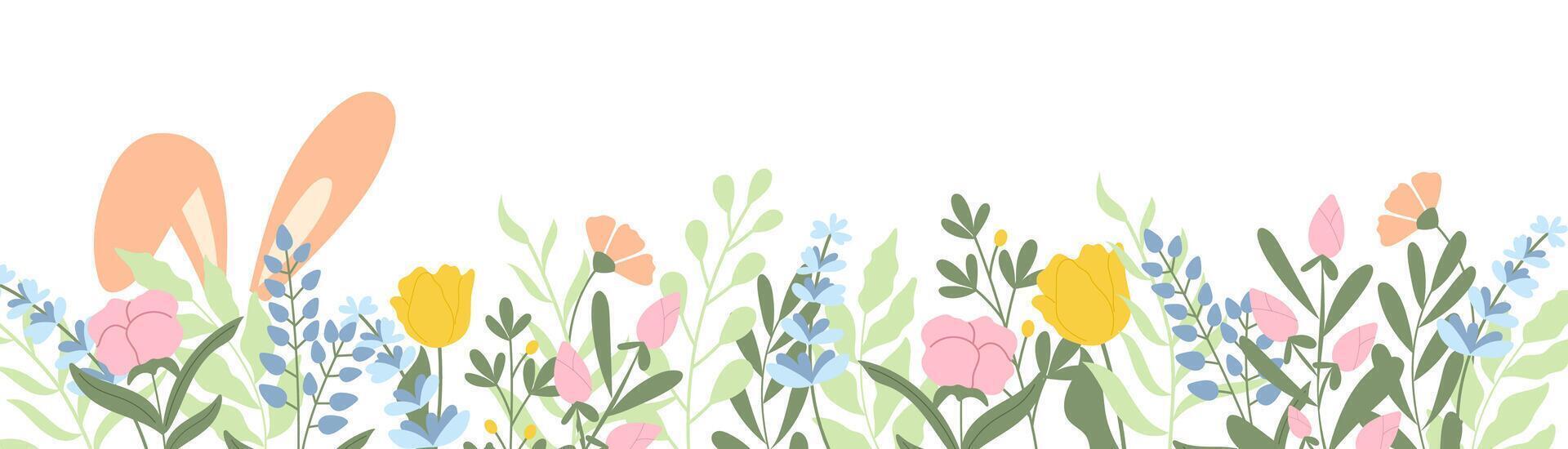 handgemalt Banner mit Frühling Blumen und Hase Ohren. Vektor Illustration im Pastell- Farben.