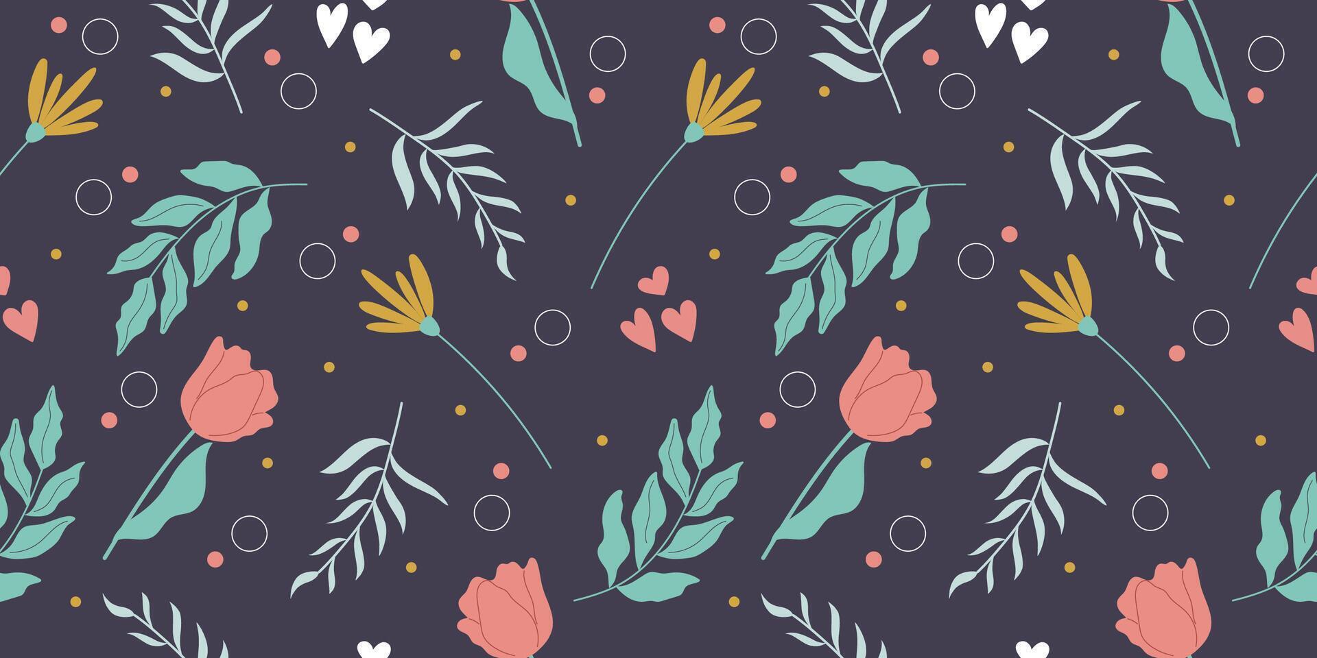 elegant handgemalt Muster mit Frühling Blumen und Blätter auf dunkel Hintergrund. Platz nahtlos Vektor Design.