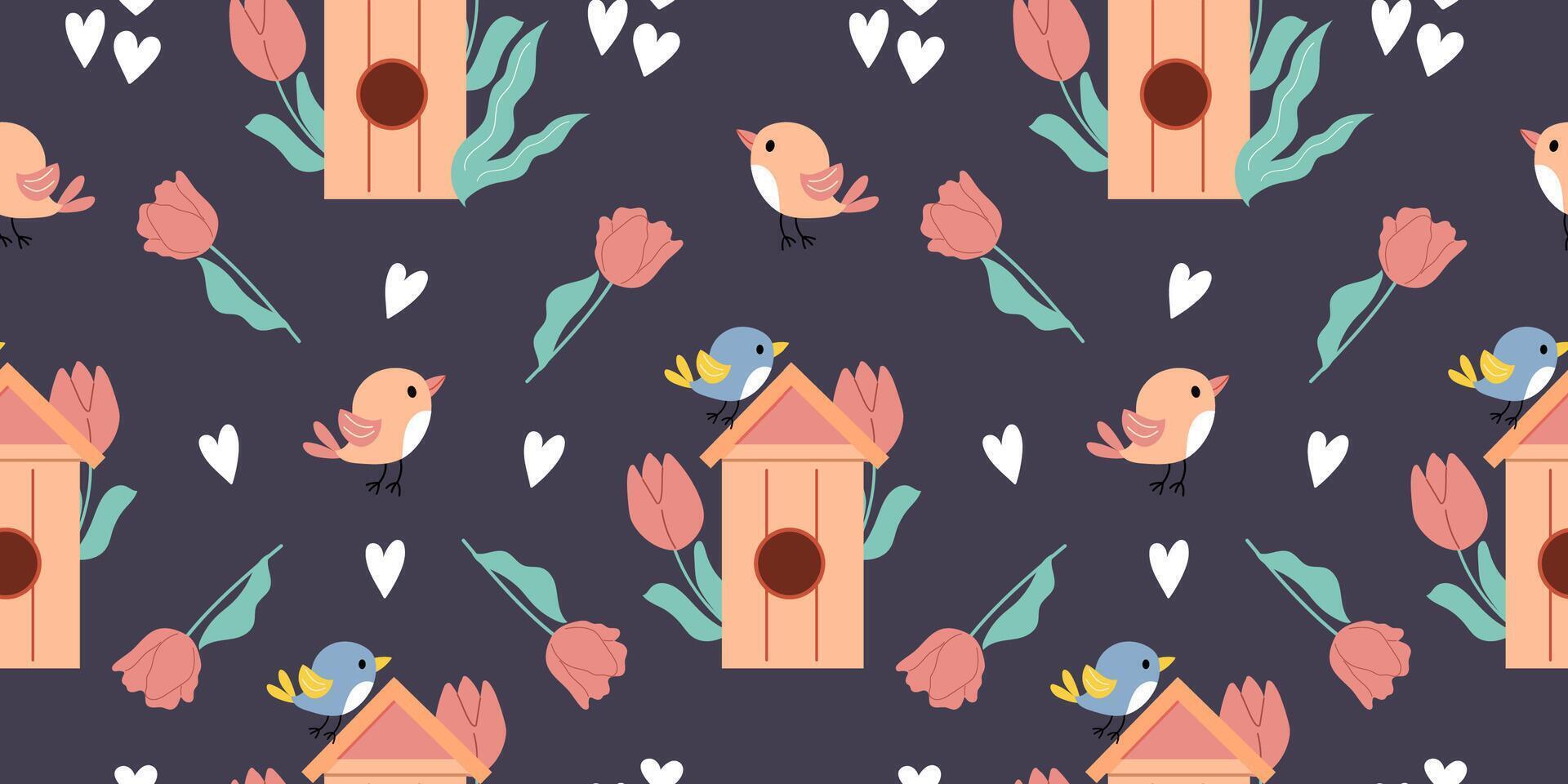 nahtlos Muster mit süß Vogelhaus, Tulpen und klein Vögel. vektor