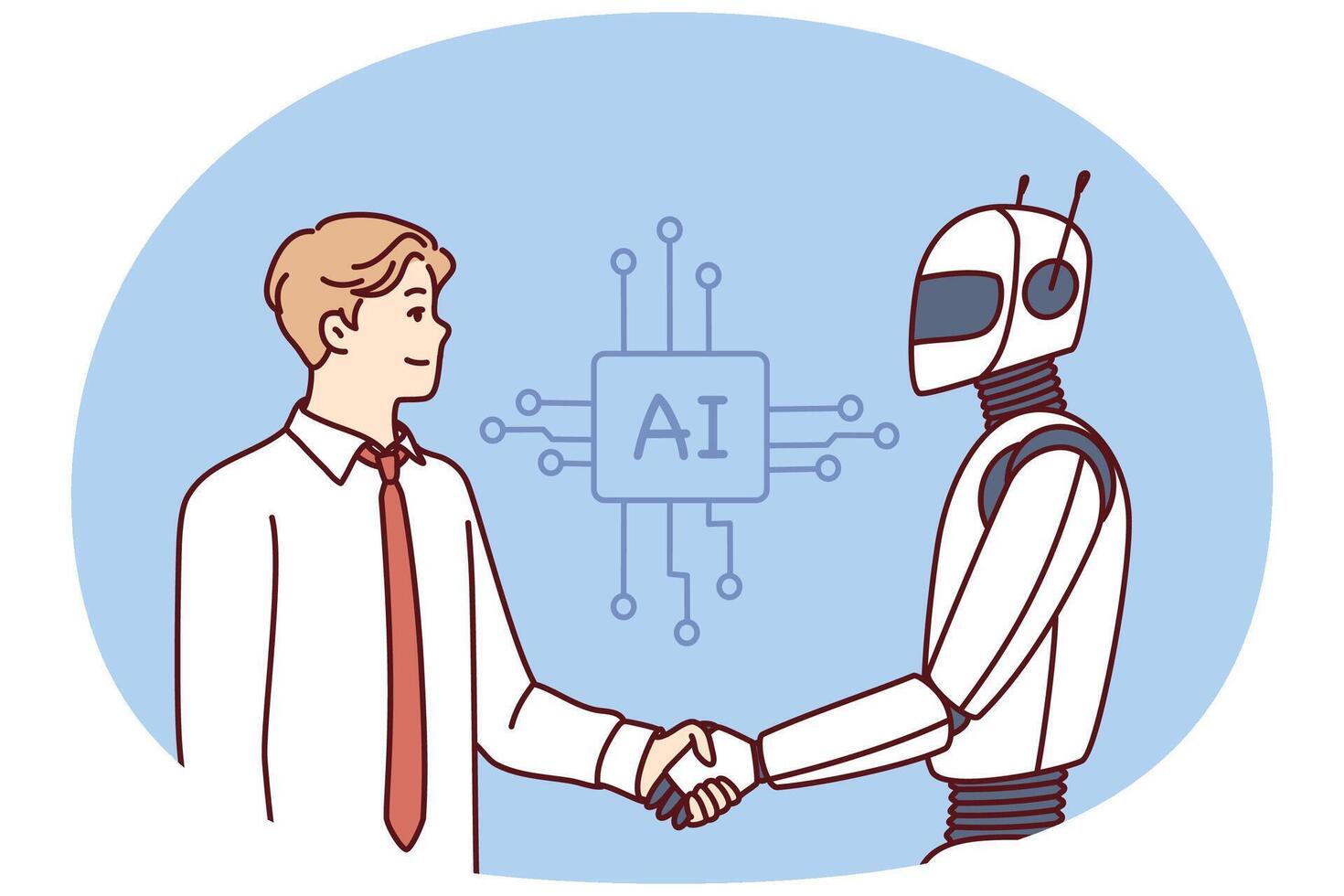 Mann schüttelt Hände mit Roboter wie Zeichen von Freundschaft zwischen Menschen und künstlich Intelligenz ai vektor
