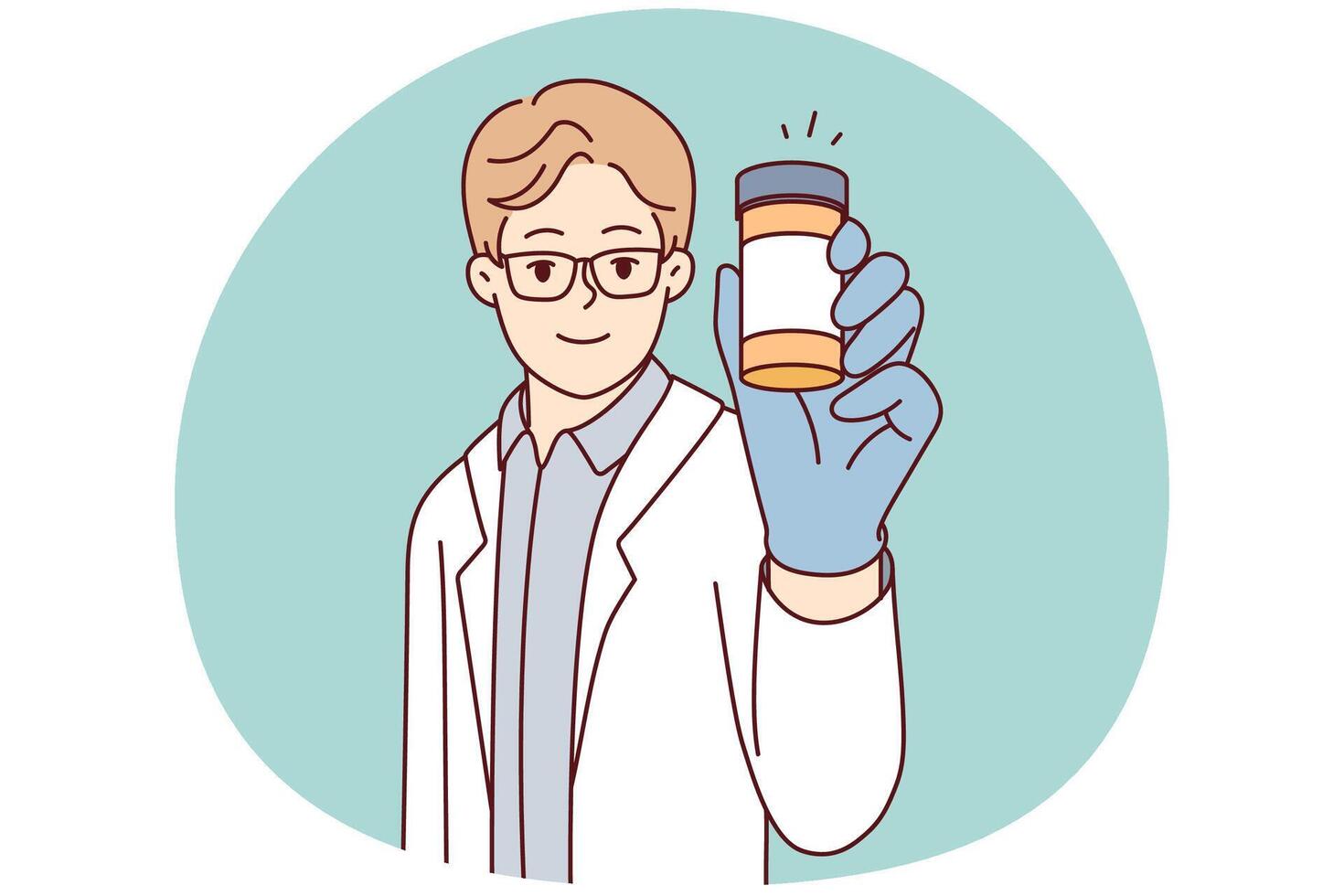 Mann Arzt zeigt an Krug von Tabletten empfehlen verwenden von Medikamente zum Gesundheit Behandlung. Vektor Bild