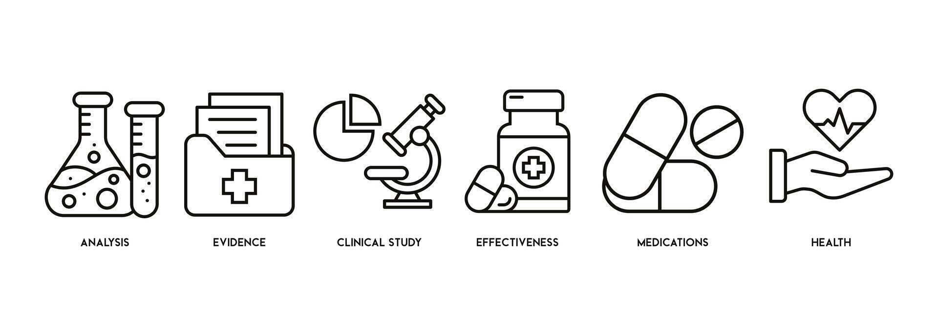 klinisk forskning baner webb ikon vektor illustration begrepp med ikon av analys, bevis, klinisk studie, effektivitet, mediciner och hälsa