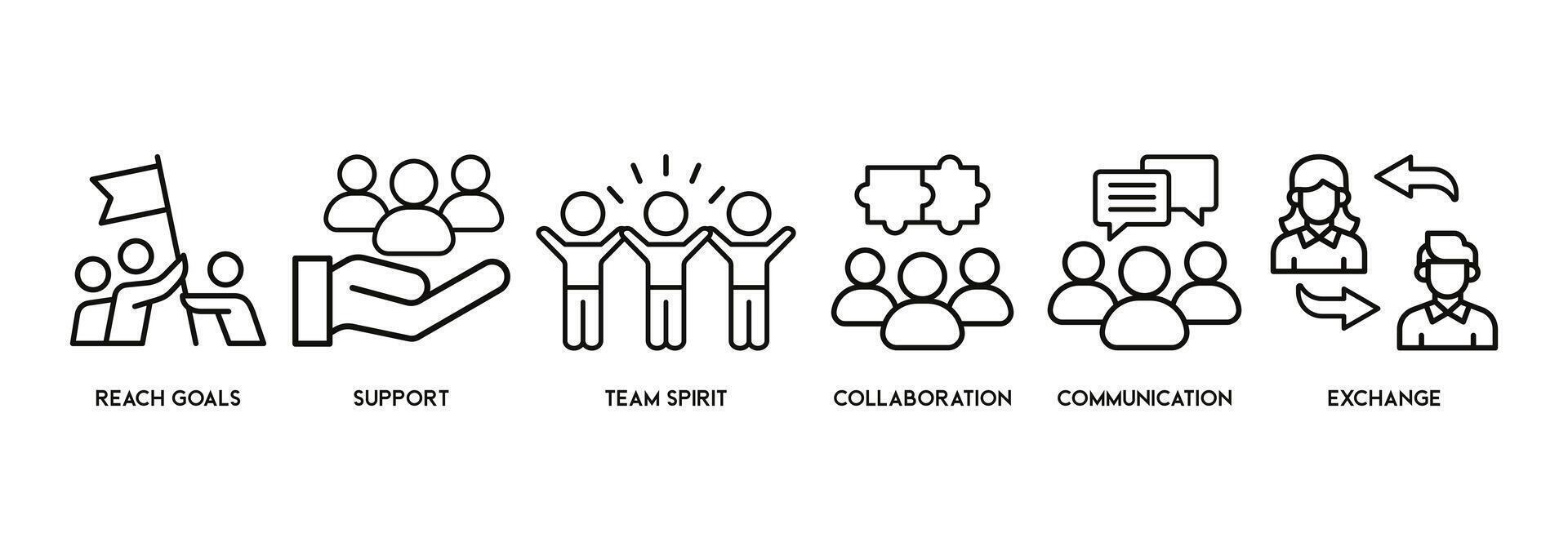 arbetssätt tillsammans baner webb ikon vektor illustration begrepp med ikon av kommunikation, samordning, Stöd, delegation, effektivitet, samarbete, lagarbete, anda, mål