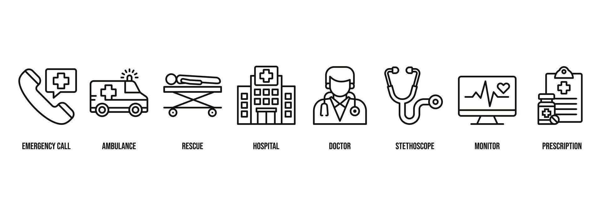 medizinisch Banner Netz Symbol Vektor Illustration zum Notfall Forderung, Krankenwagen, Rettung, Krankenhaus, Arzt, Stethoskop, Monitor und Rezept