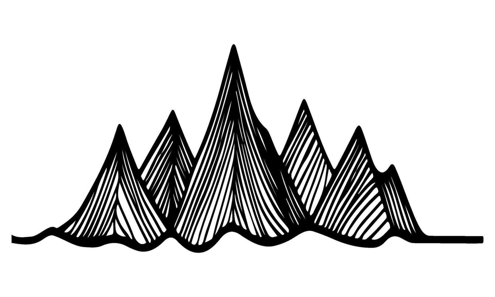 teckning berg med skog tall träd landskap svart linje skiss konst hand dragen linjär stil vektor illustration