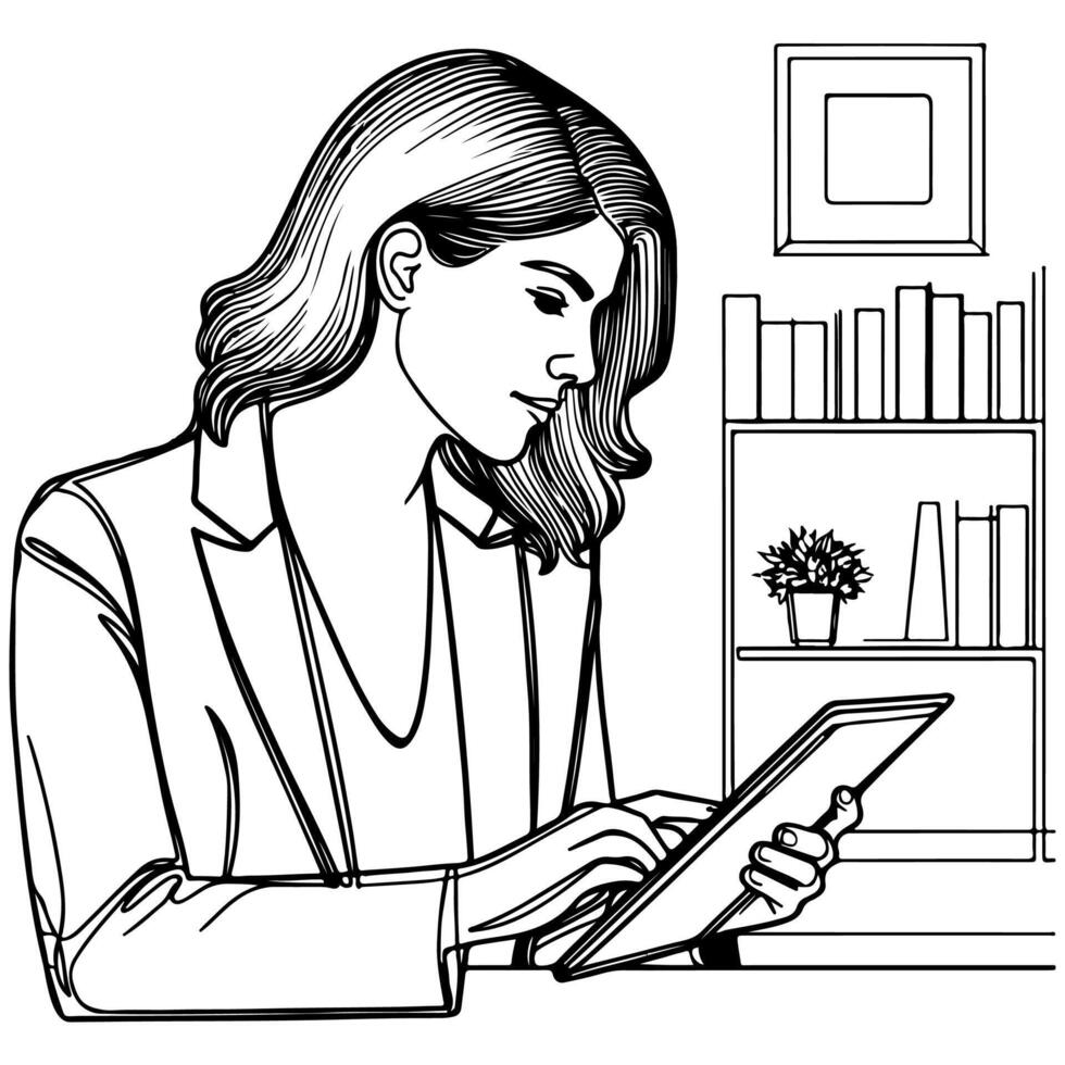företag kvinna hand innehav modern smart telefon mockup. kontinuerlig svart enda rader teckning konst ikon. finger rörande tom skärm transparent bakgrund vektor