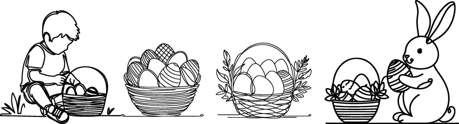 einer kontinuierlich Hand Zeichnung schwarz Linie Kunst Korb, Ostern Ei, Hase, Kinder, Gekritzel dekoriert. Design zum Hase Ostern Ei Gliederung Stil Vektor