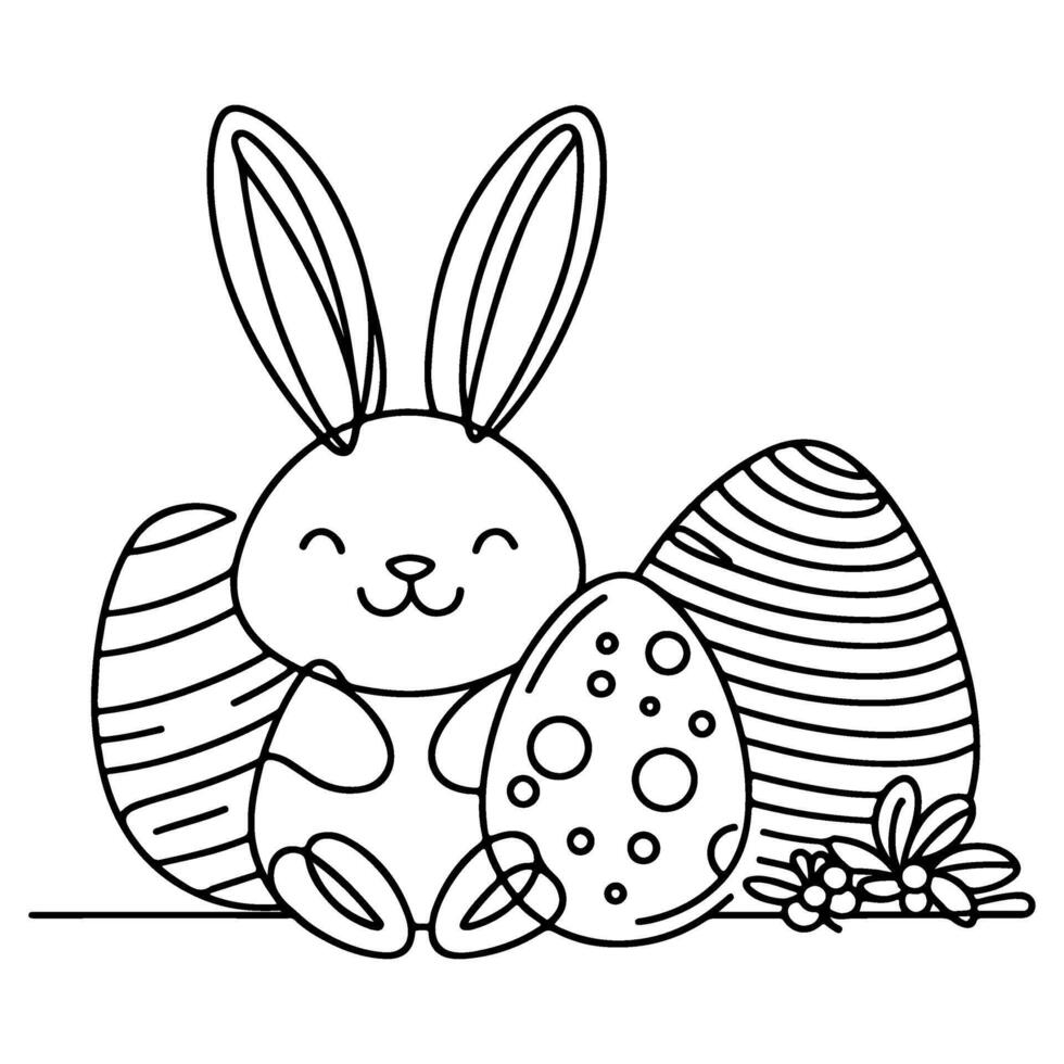 Hand gezeichnet schwarz Linie Kunst Hase Ostern Ei Gekritzel Färbung linear Stil Vektor Illustration Elemente. einer kontinuierlich Linie Zeichnung Hase mit Eier editierbar Schlaganfall Gliederung