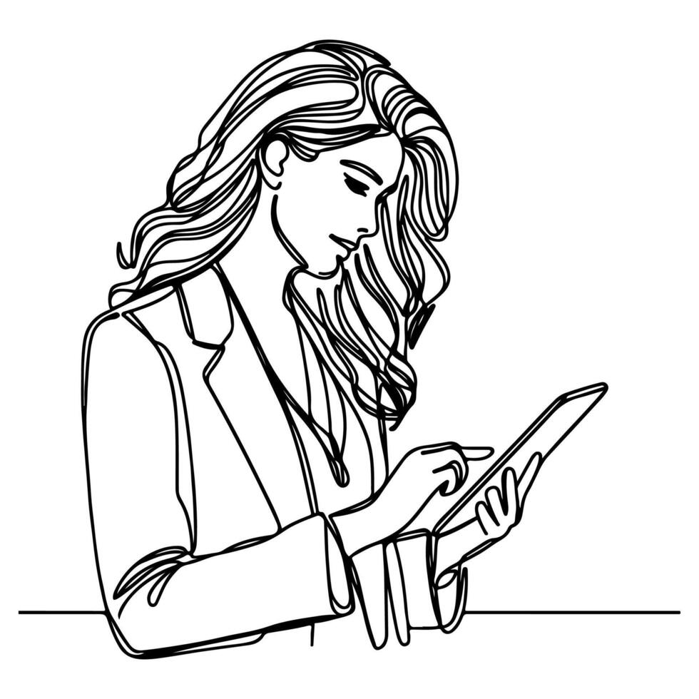 företag kvinna hand innehav modern smart telefon mockup. kontinuerlig svart enda rader teckning konst ikon. finger rörande tom skärm transparent bakgrund vektor