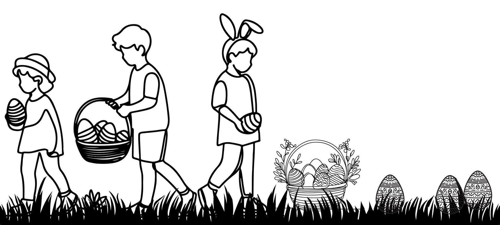 glücklich Ostern Ei Tag mit Kinder, Hase. Hase und schwarz Gras Silhouette nahtlos auf transparent Hintergrund vektor