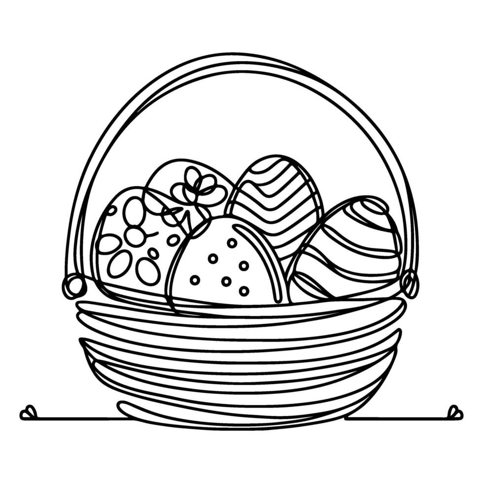 ett kontinuerlig hand teckning svart linje korg påsk ägg klotter dekorerad med många annorlunda design för påsk ägg översikt stil vektor