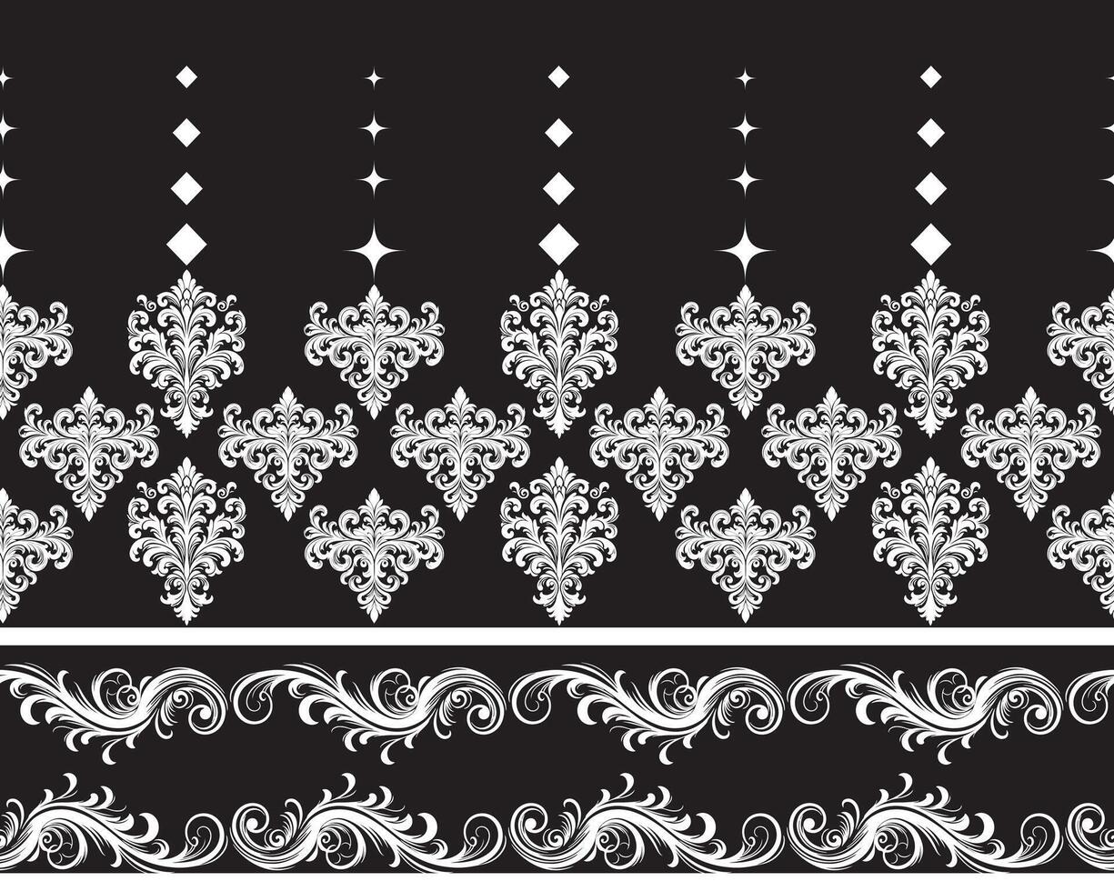 damast- tyg textil- sömlös mönster lyx dekorativ dekorativ vit blommig årgång dekoration svart bakgrund. ridå, matta, tapet, Kläder, omslag, textil- vektor
