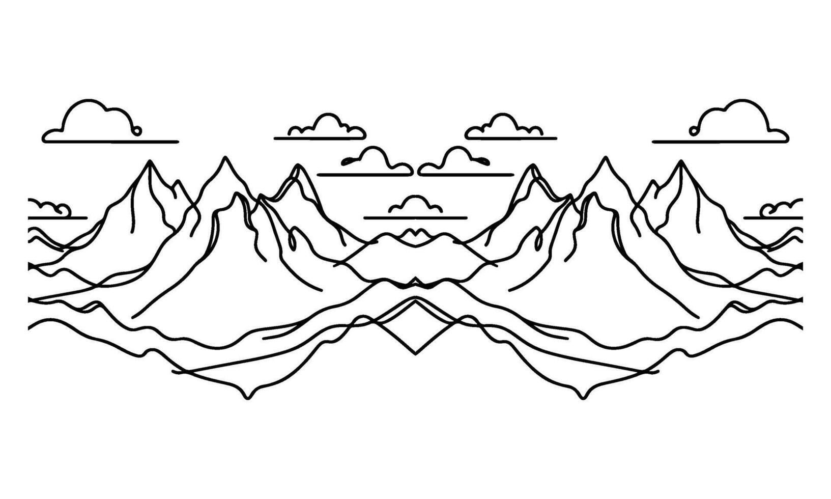 teckning berg med skog tall träd landskap svart linje skiss konst hand dragen linjär stil vektor illustration