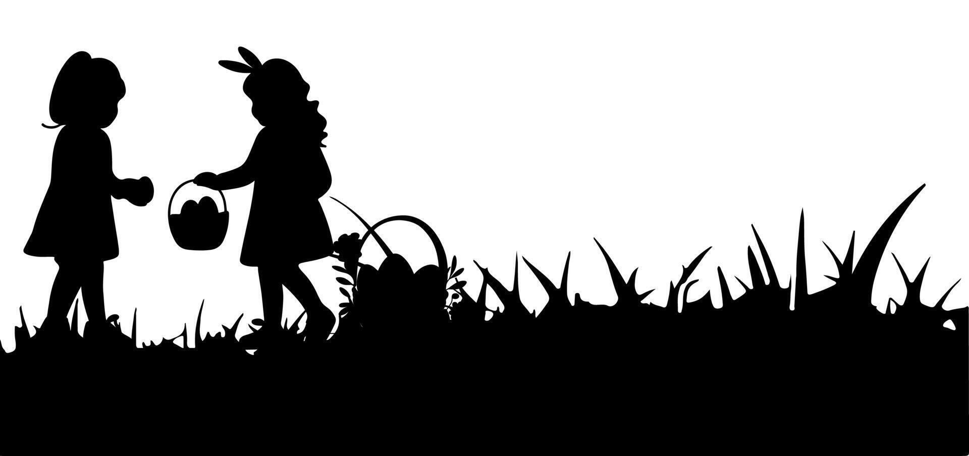 glücklich Ostern Ei Tag mit Kinder, Hase. Hase und Gras Silhouette nahtlos auf transparent Hintergrund vektor