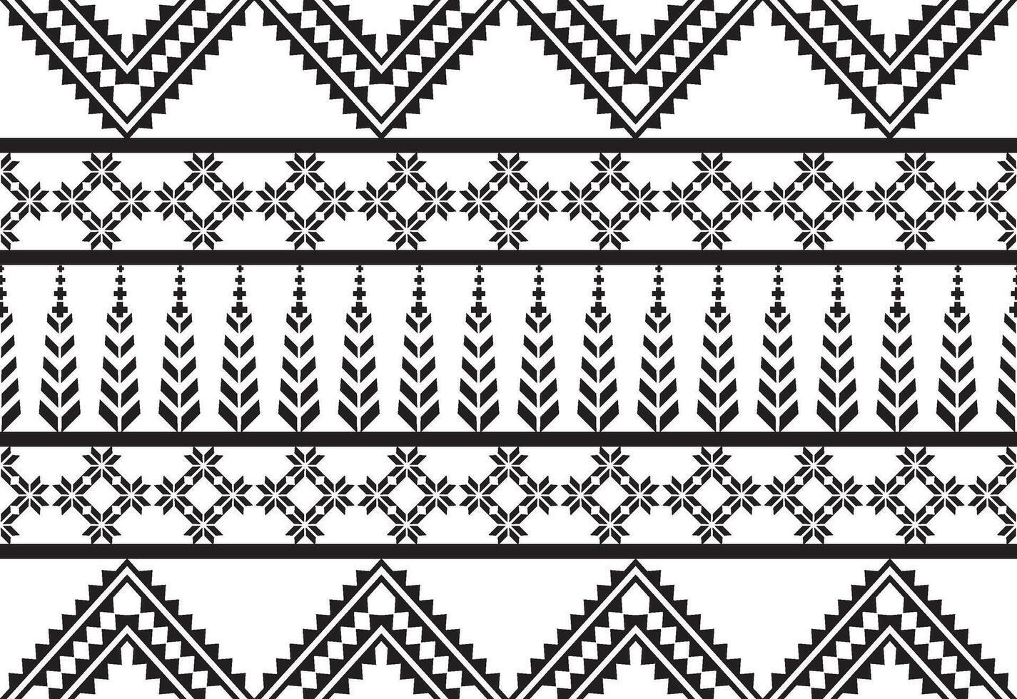 Stammes- traditionell Stoff Batik ethnisch. Ikat nahtlos Muster Blätter geometrisch wiederholen Design zum Hintergrund, Verpackung, Mode, Teppich, Kleidung. schwarz und Weiß vektor