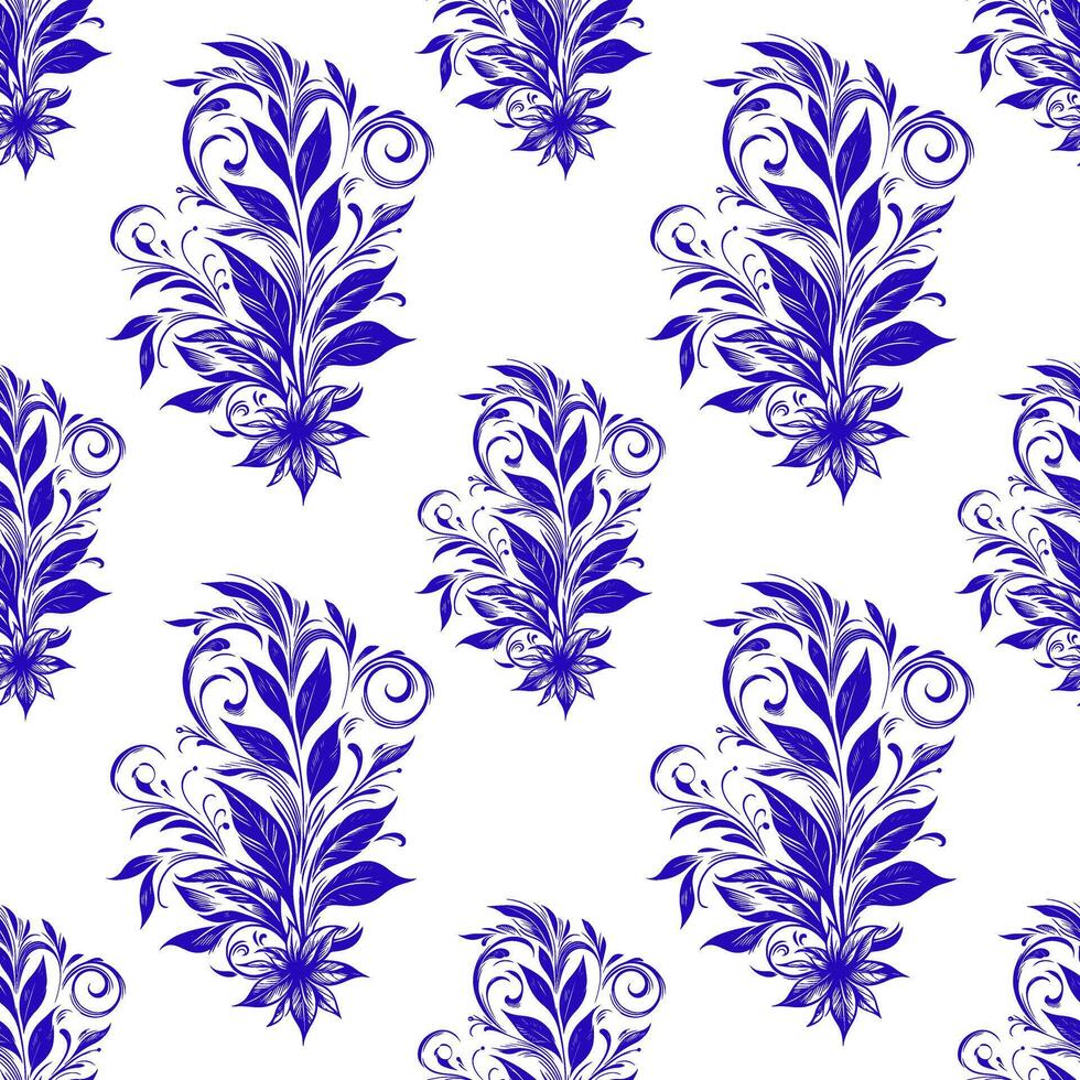 Hand zeichnen von schön Blau Blume Blumen- nahtlos Muster Ornament Blätter. abstrakt auf Weiß Hintergrund. Blume Stoff Design Vektor